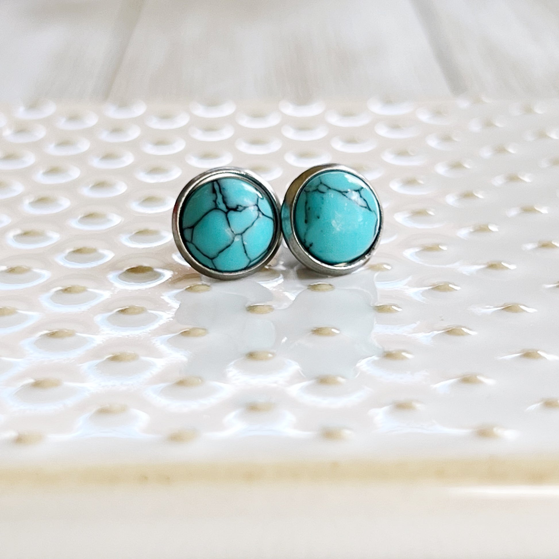 Turquoise Stud Earrings – 8mm Round Boho Western Style Jewelry in Silver