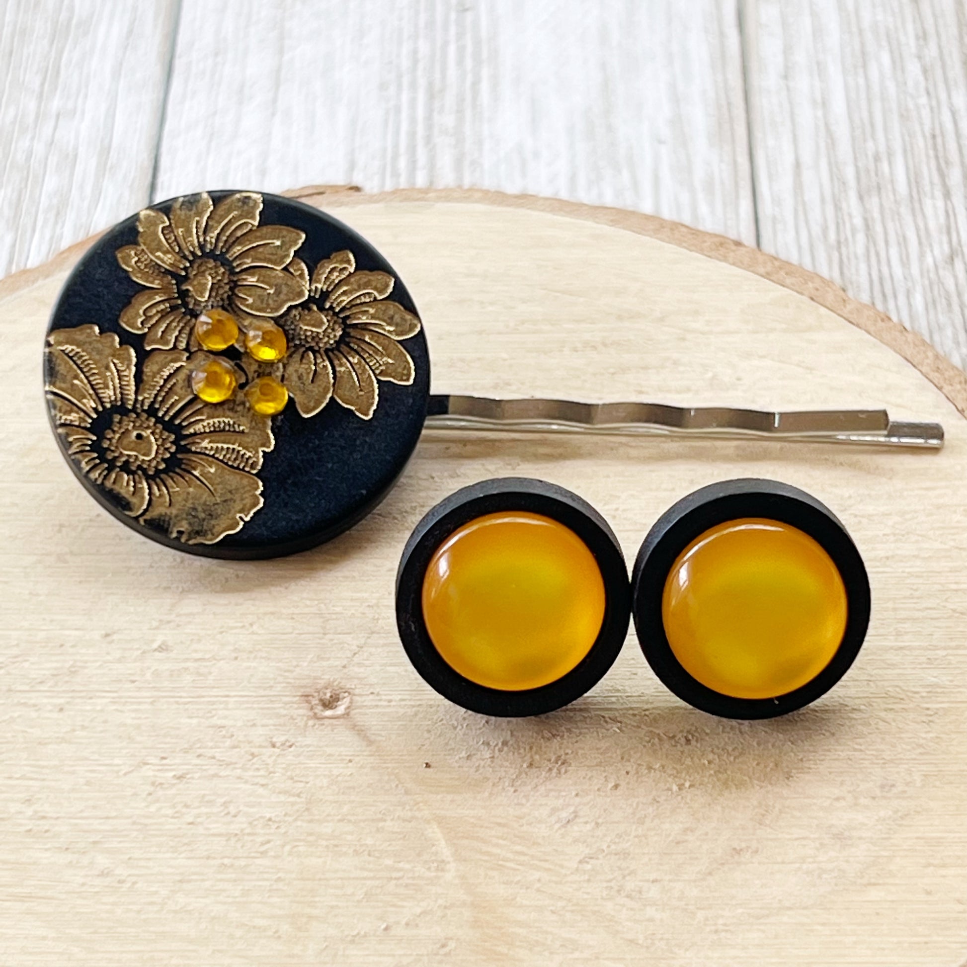Black & Gold Sunflower Silver Bobby Pin with Matching 12mm Wood Earrings - Stylish Floral Accessories