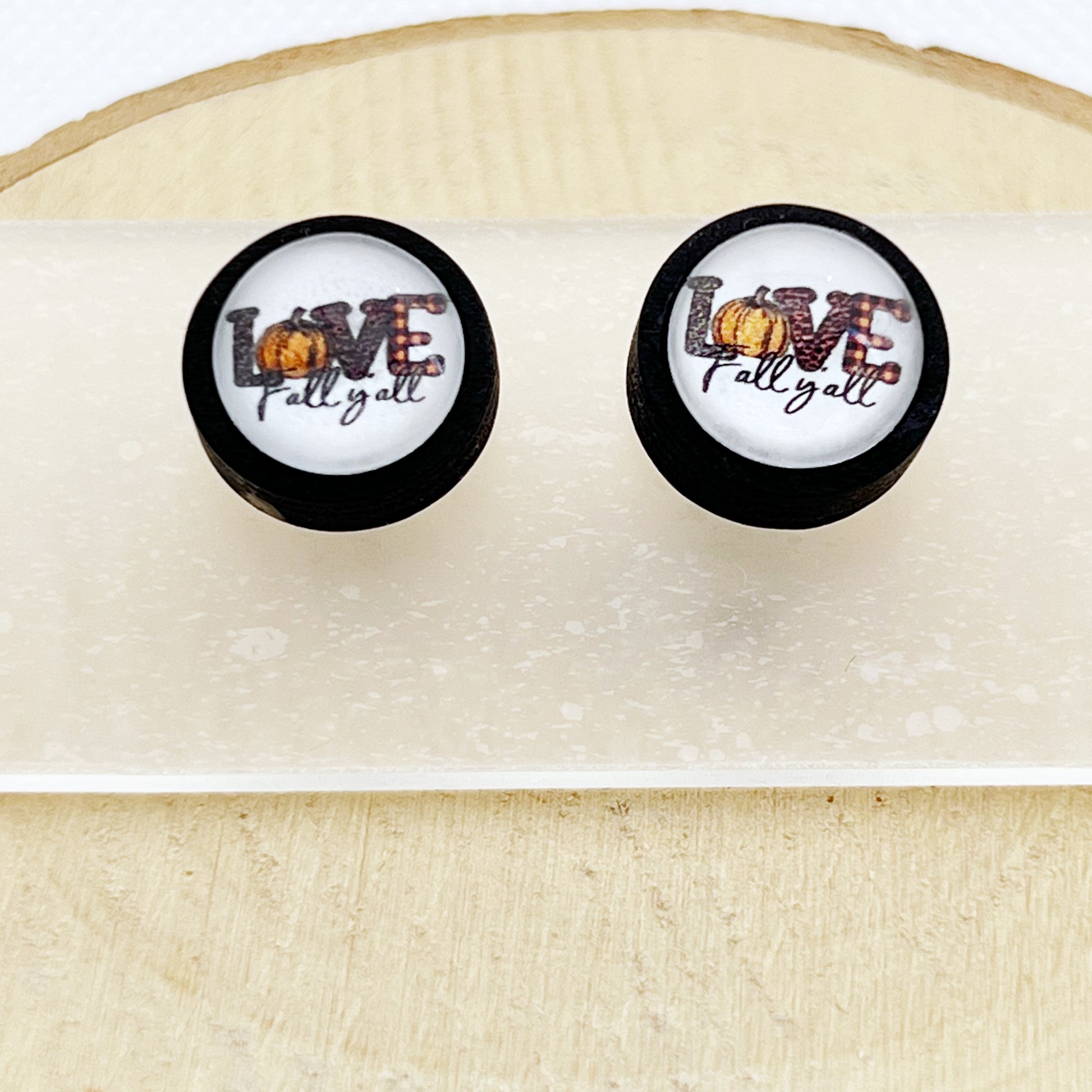 Love Fall Y’all Pumpkin Black Wood Stud Earrings - Festive & Stylish Accessories