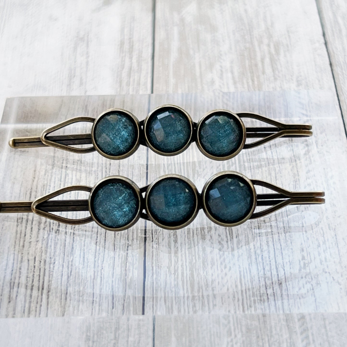 Teal Shimmer Hair Pins – Faceted Acrylic Boho Western Bobby Pins