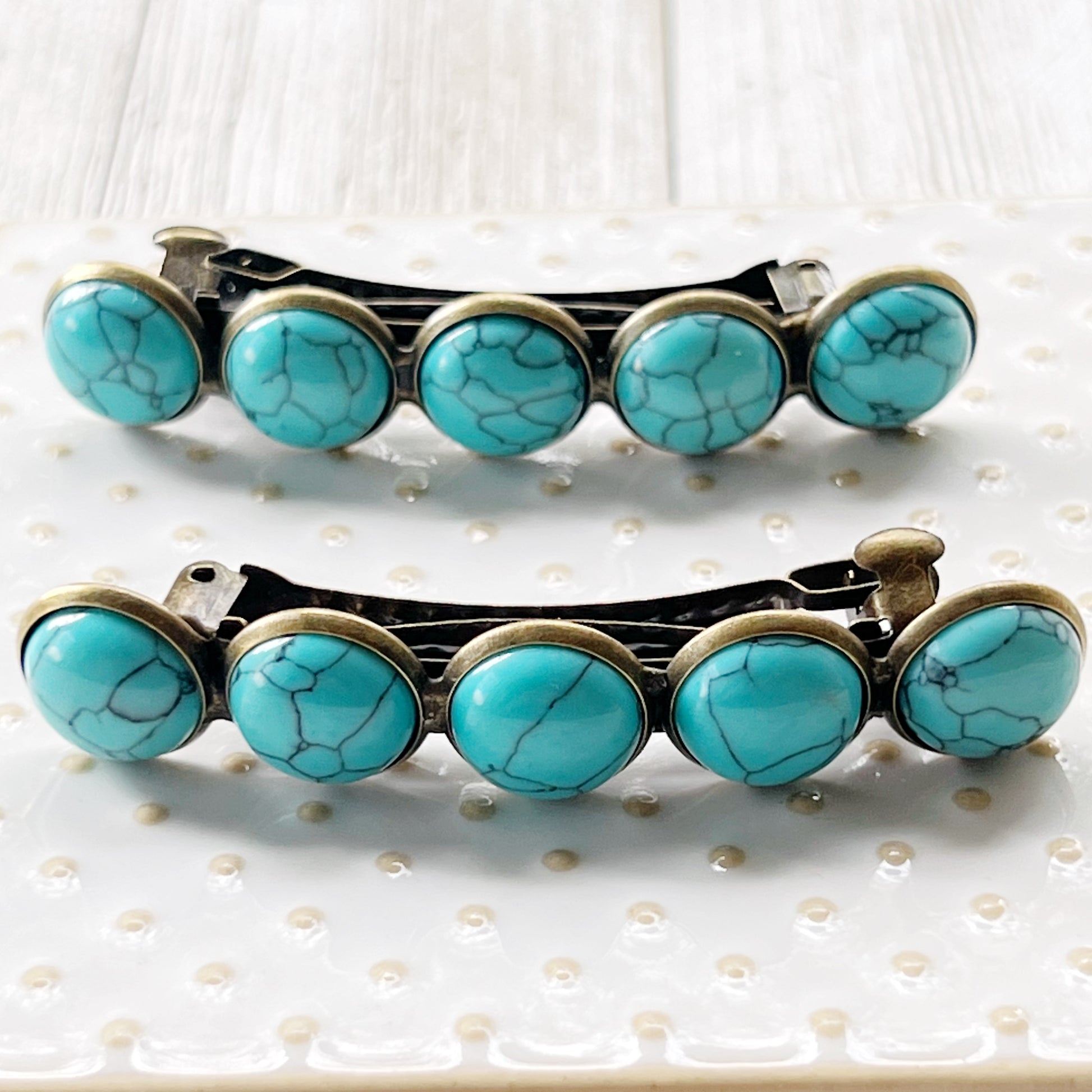 Turquoise Hair Barrettes - Western Cowgirl Hair Pins, Women's Southwestern Boho Hair Accessories, Set of 2