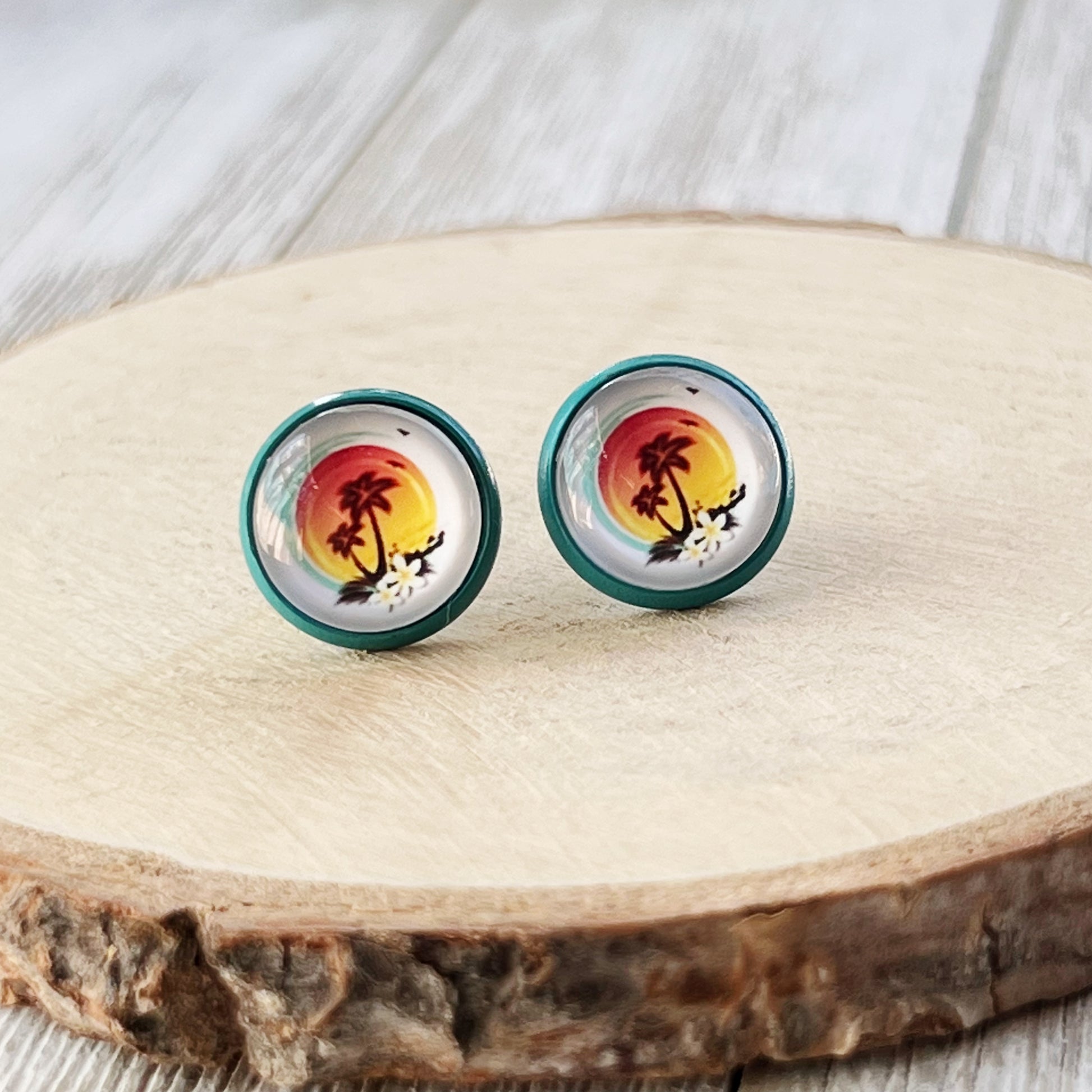 Sunset & Palm Tree Blue Stud Earrings - Tropical & Serene Accessories