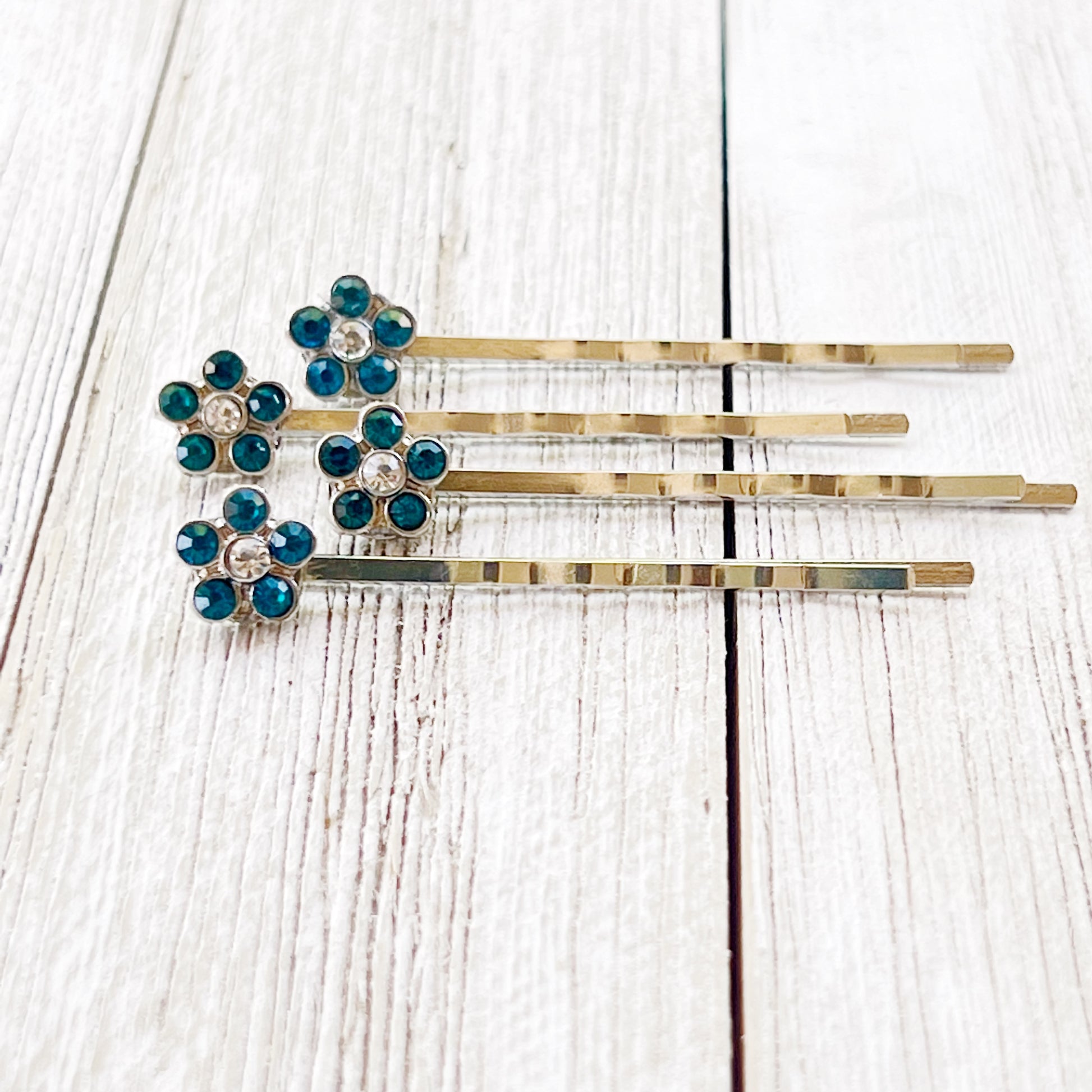 Blue Rhinestone Flower Hair Pins - Elegant and Sparkling Floral Hair Accessories