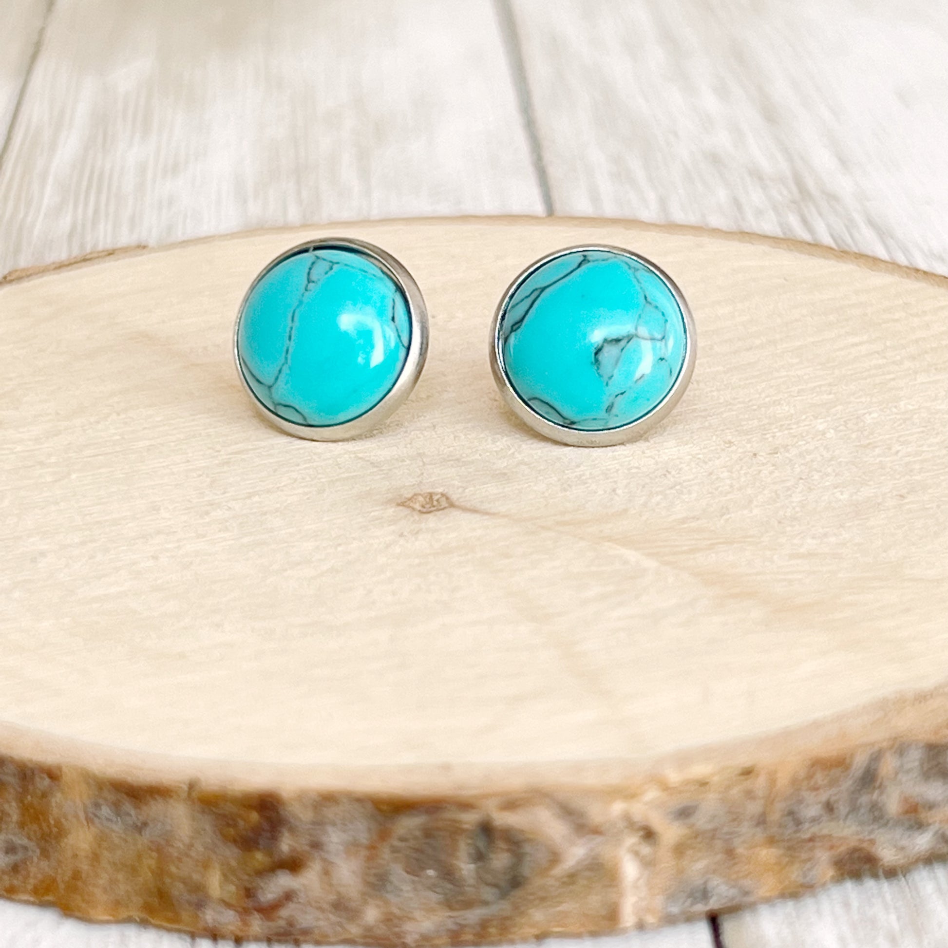 Turquoise 12mm Silver Stud Earrings: Boho Western Chic Accessories