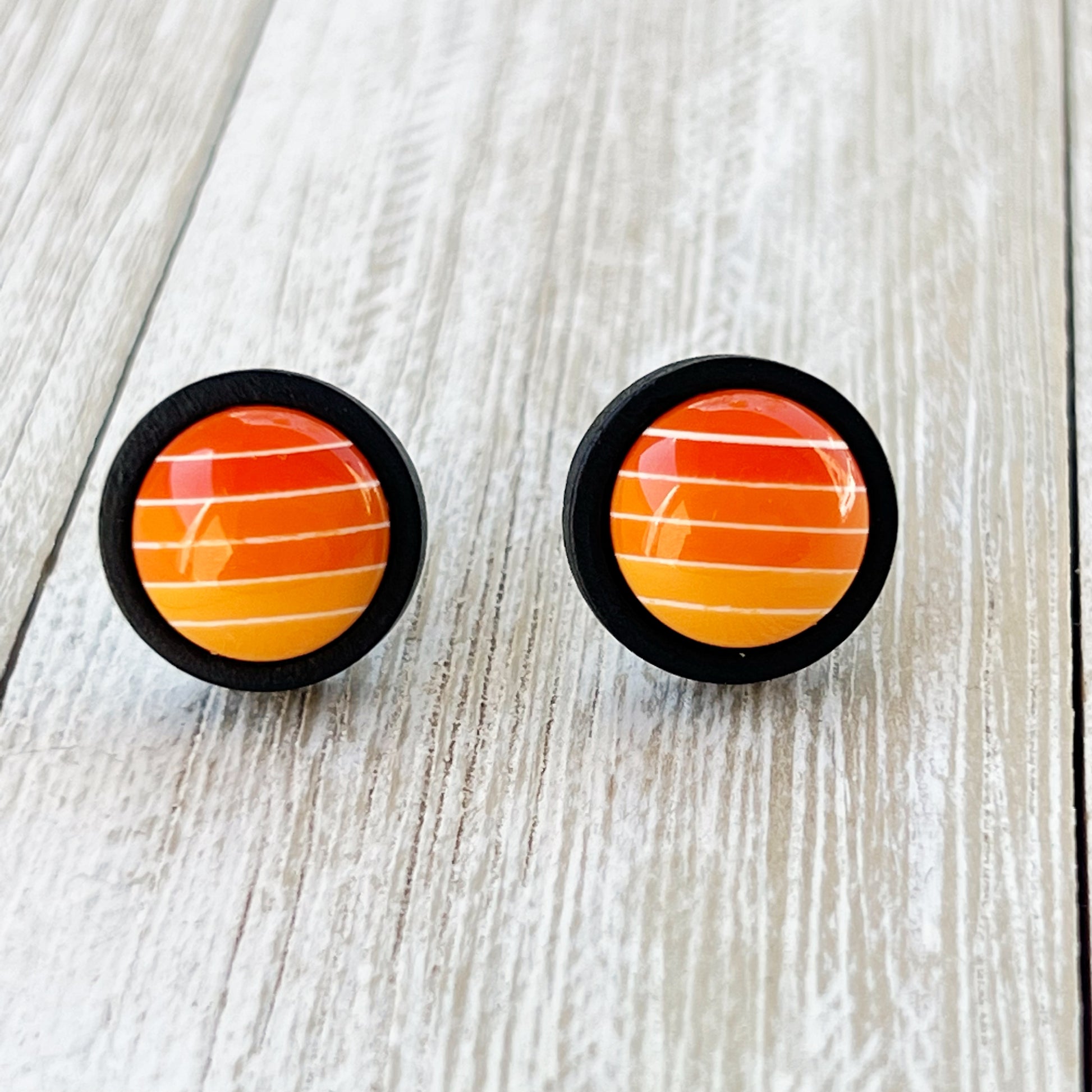 Orange Gradient Striped Black Wood Unisex Earrings - Stylish & Unique Accessories