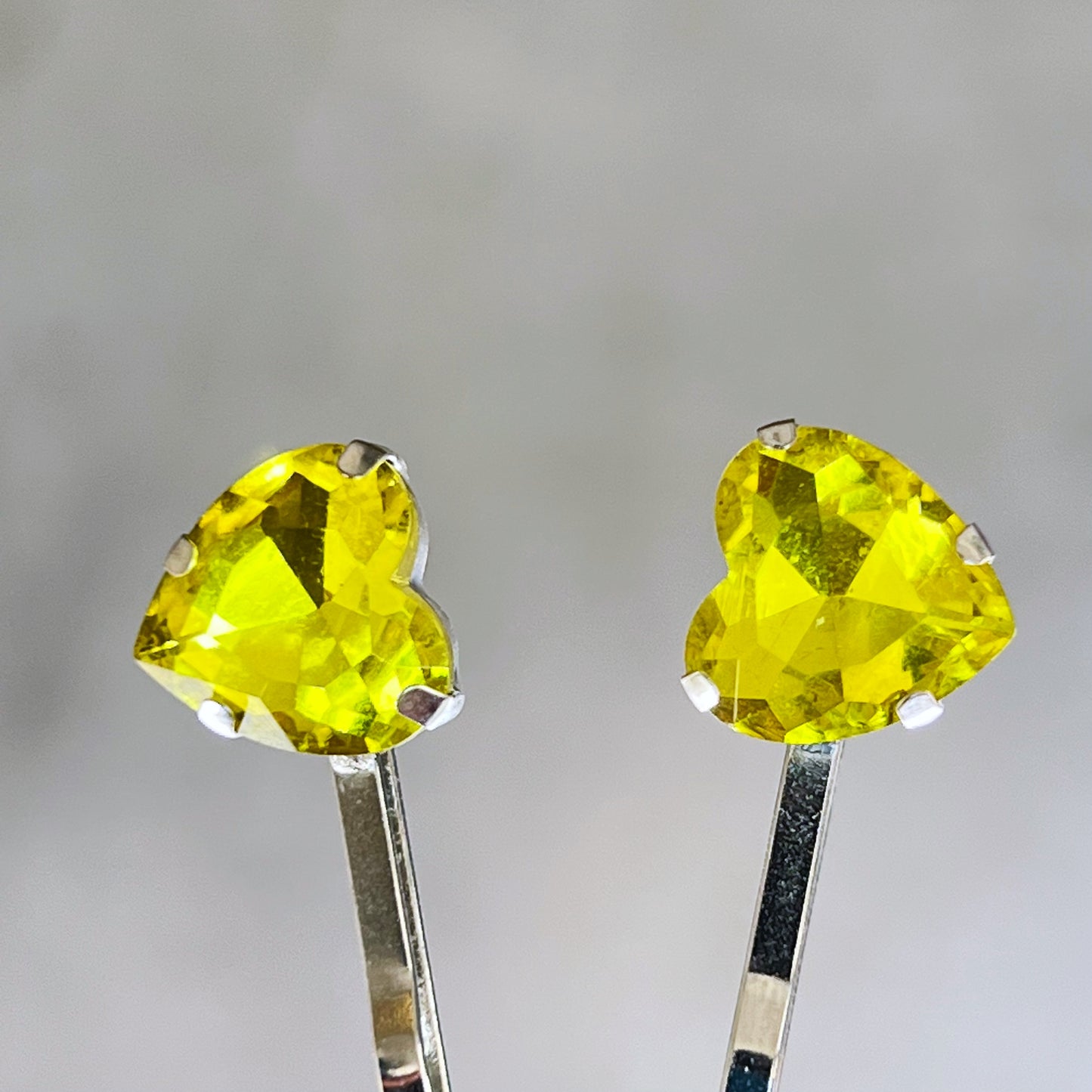 Yellow Rhinestone Heart Silver Hair Pins: Sparkling Romantic Accents