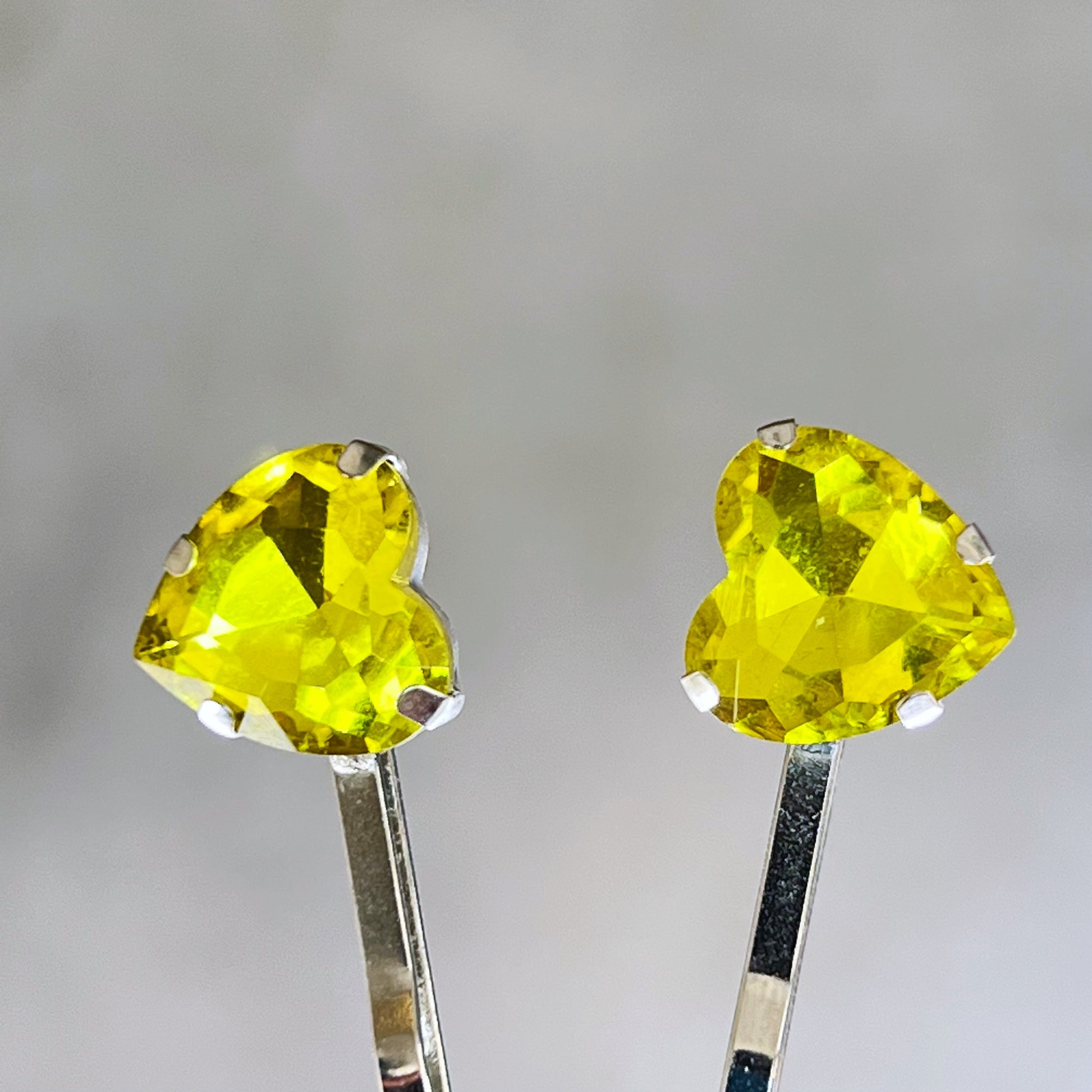 Yellow Rhinestone Heart Silver Hair Pins: Sparkling Romantic Accents