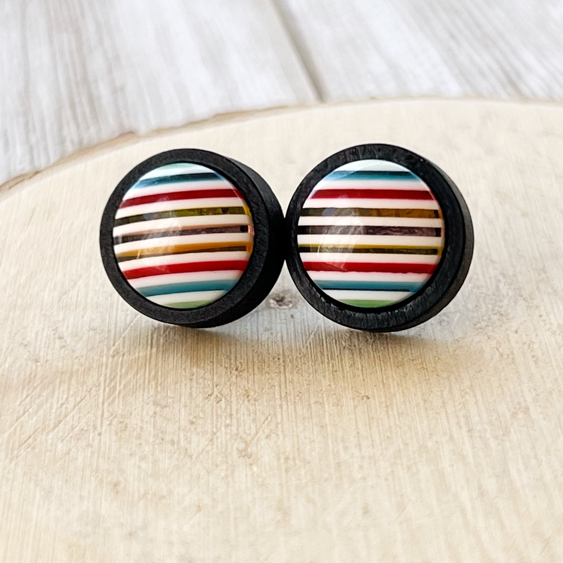 Striped Resin Stud Earrings – Multicolor Round Handmade Boho Jewelry