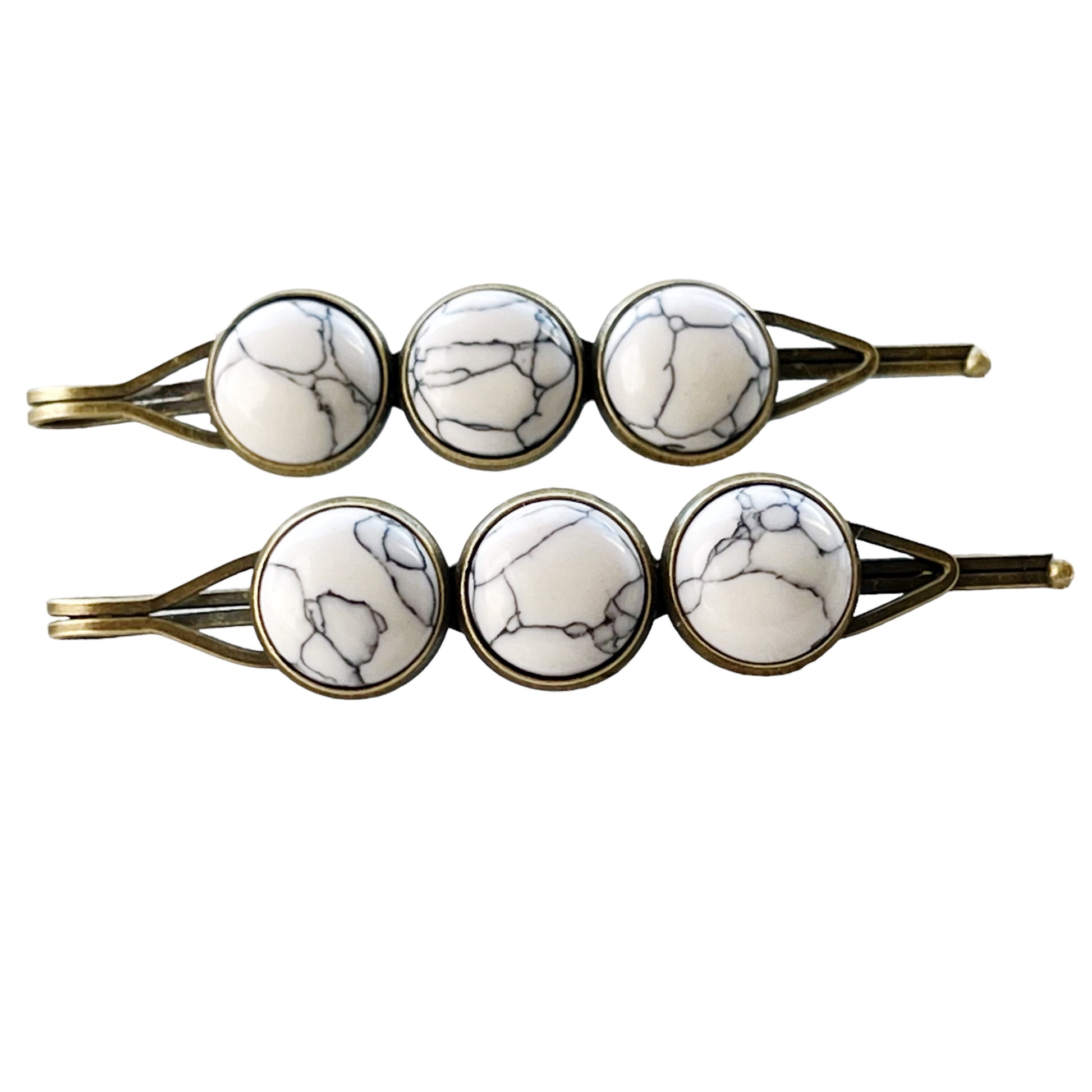 White Marble Hair Pins – Minimal Boho Stone Hair Clips in Bronze Tone