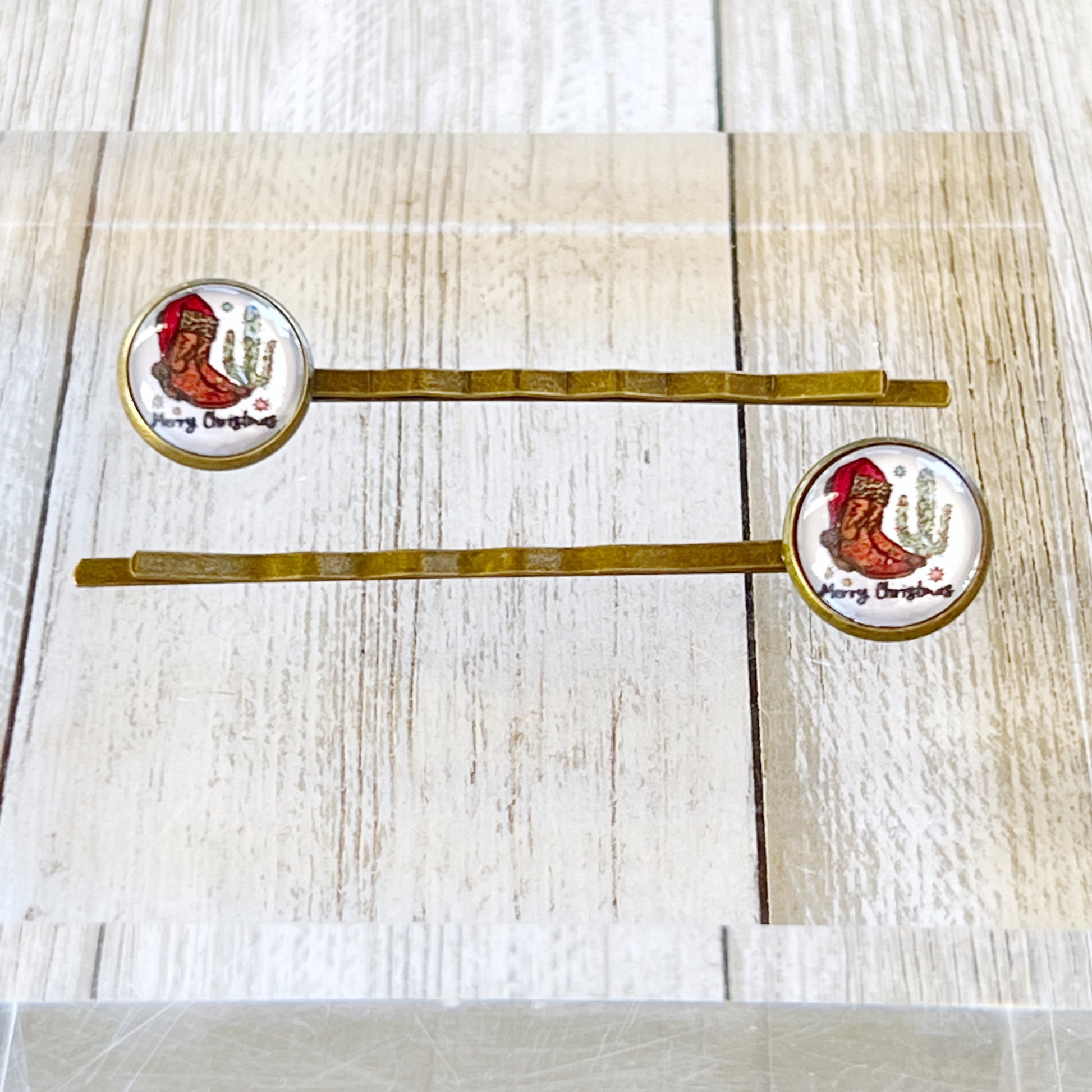 Cowboy Boots & Cactus Christmas Hair Pins - Festive Western-Inspired Accessories