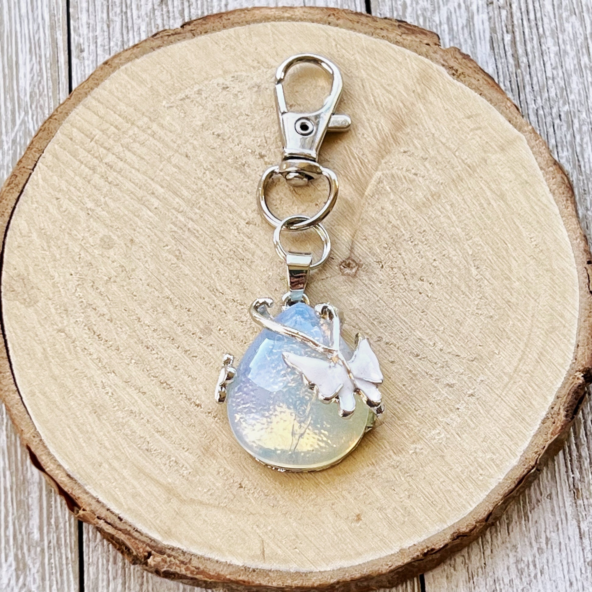 Opalite Butterfly Teardrop Keychain – Iridescent Glass & Silver Charm Accessory