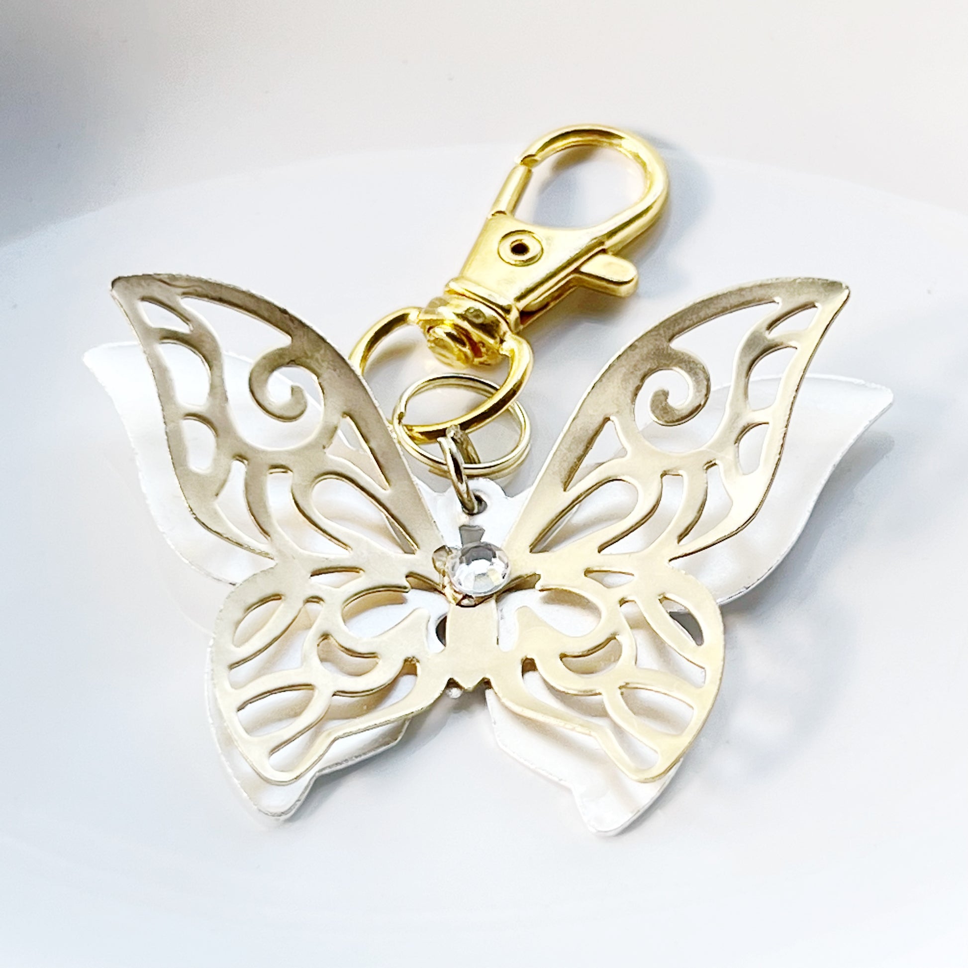 Gold & Silver Butterfly Zipper Pull Keychain Purse Charm with Filigree & Rhinestone Accents - Elegant & Stylish Accessory for Your Bag