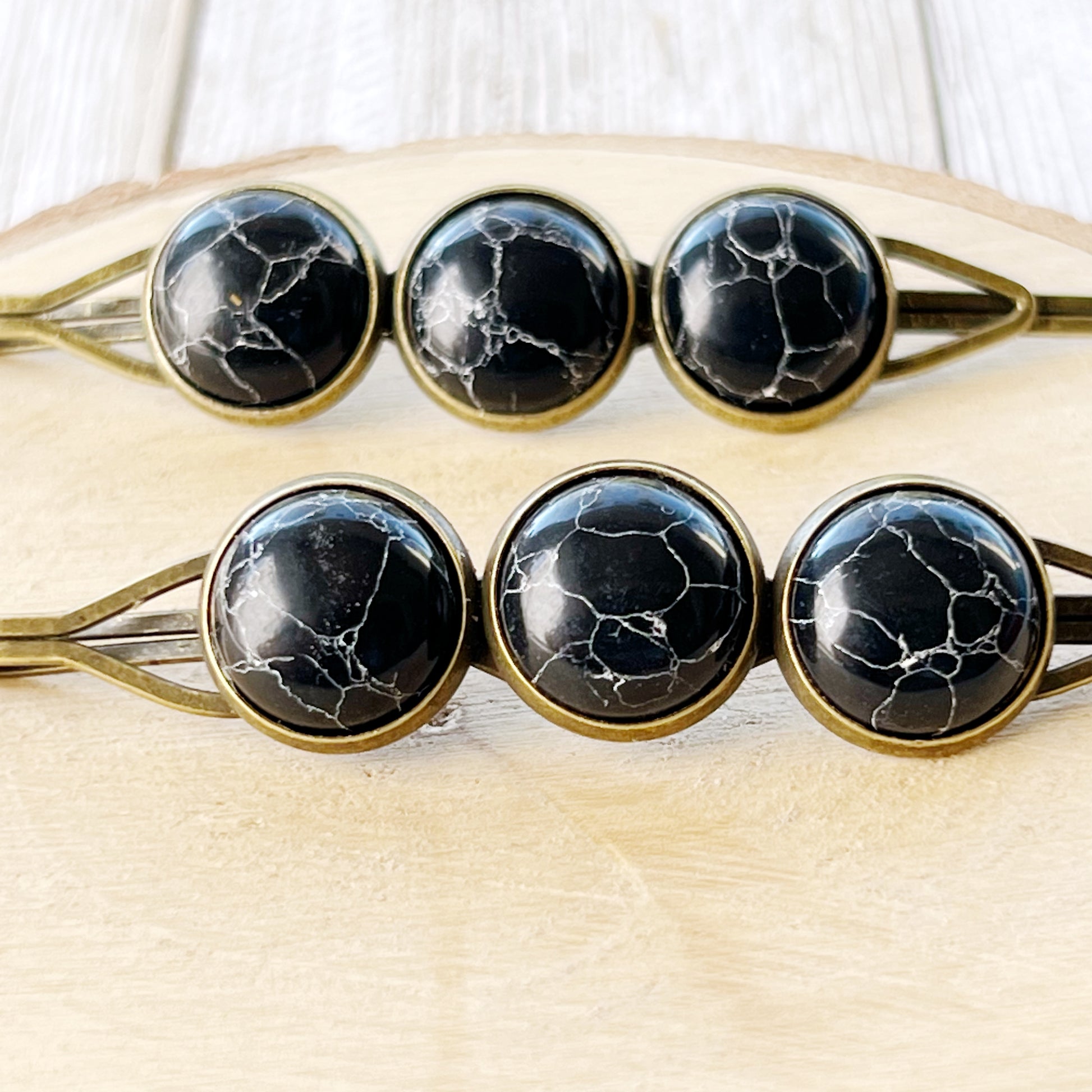 Black Marble Hair Pins – Moody Boho Stone Hair Clips in Bronze Tone