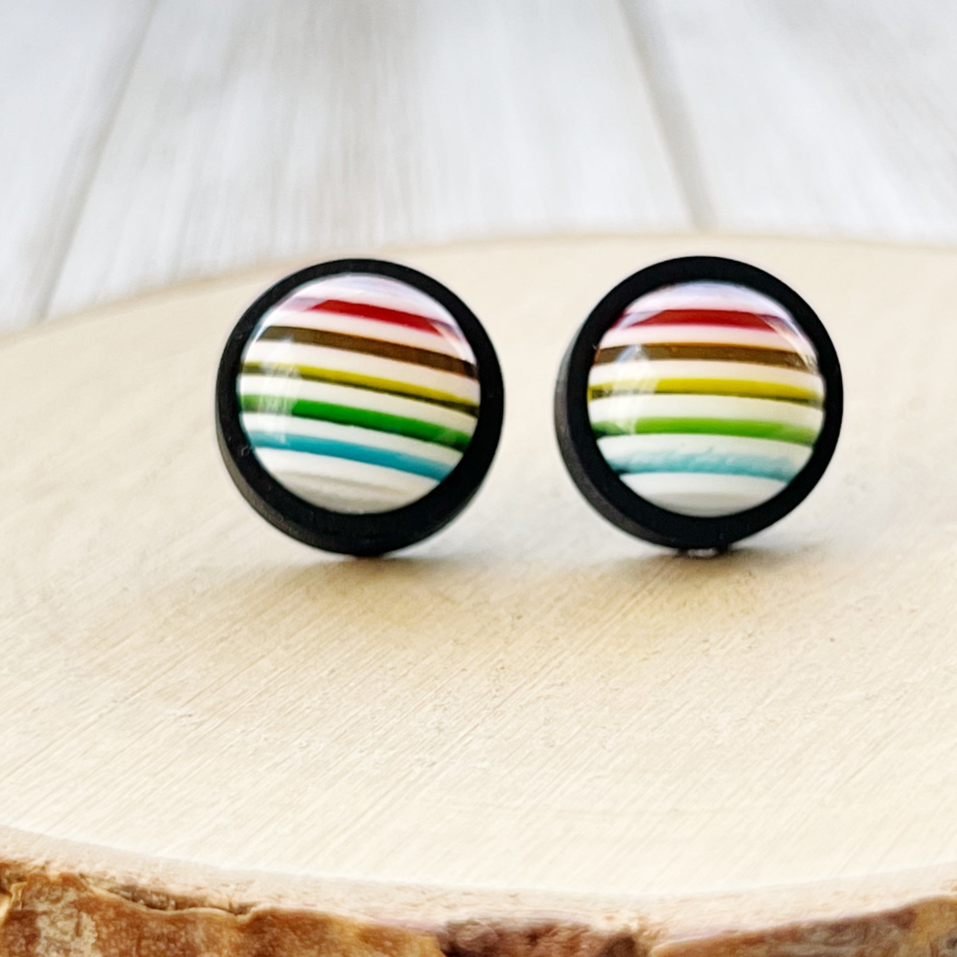 Rainbow Stripe Stud Earrings – Bold Multicolor Round Jewelry in Black Wood