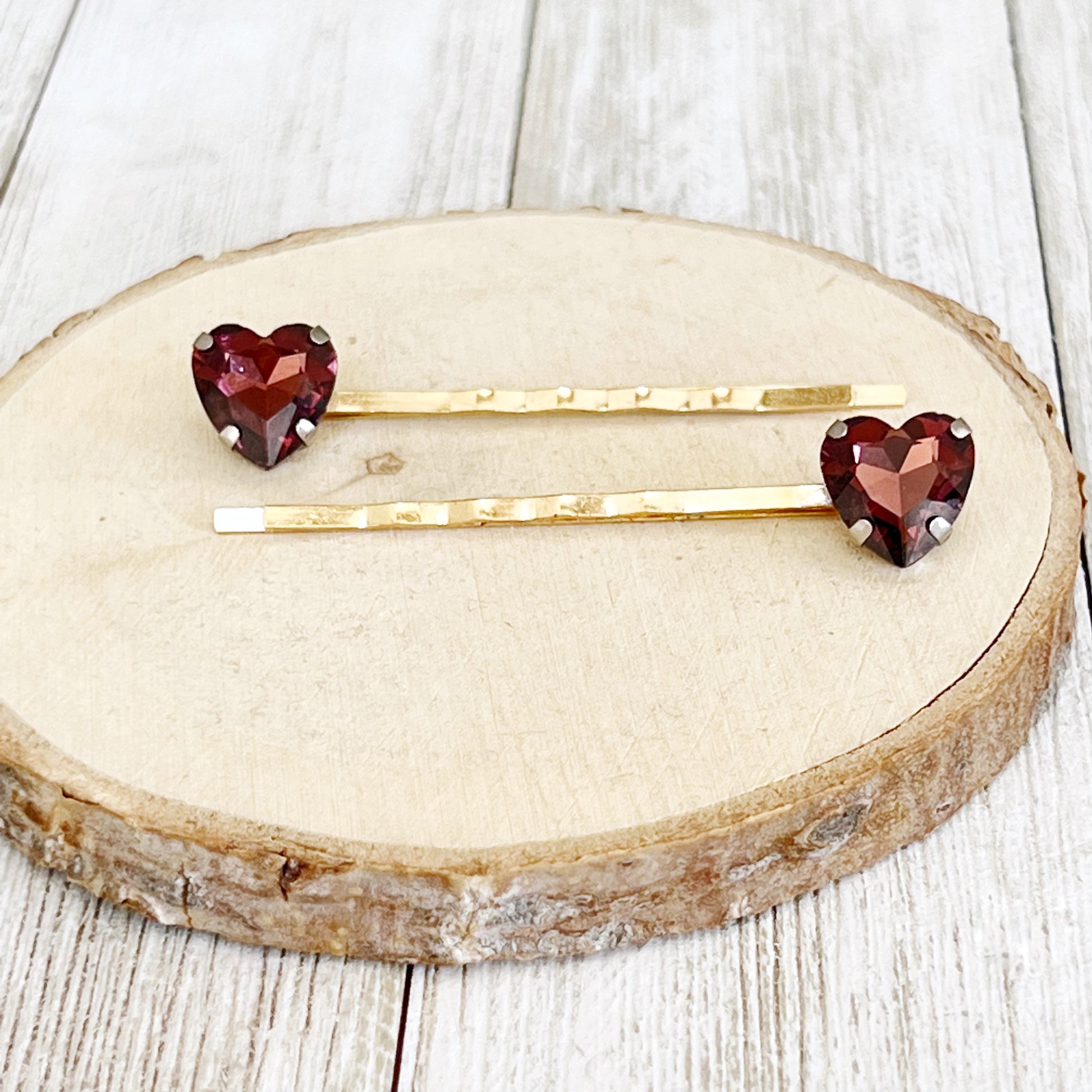 Cranberry Red Rhinestone Heart Hair Pins: Elegant Romantic Accessories