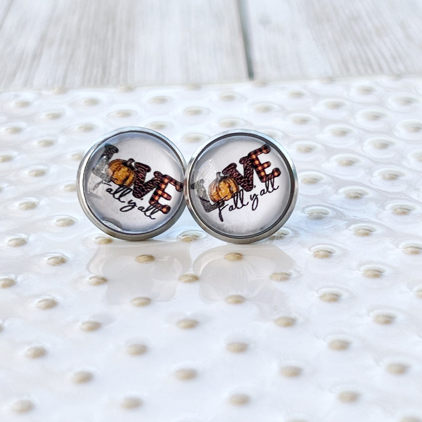 Love Fall Y’all Stud Earrings – Buffalo Plaid Pumpkin Autumn Jewelry in Silver