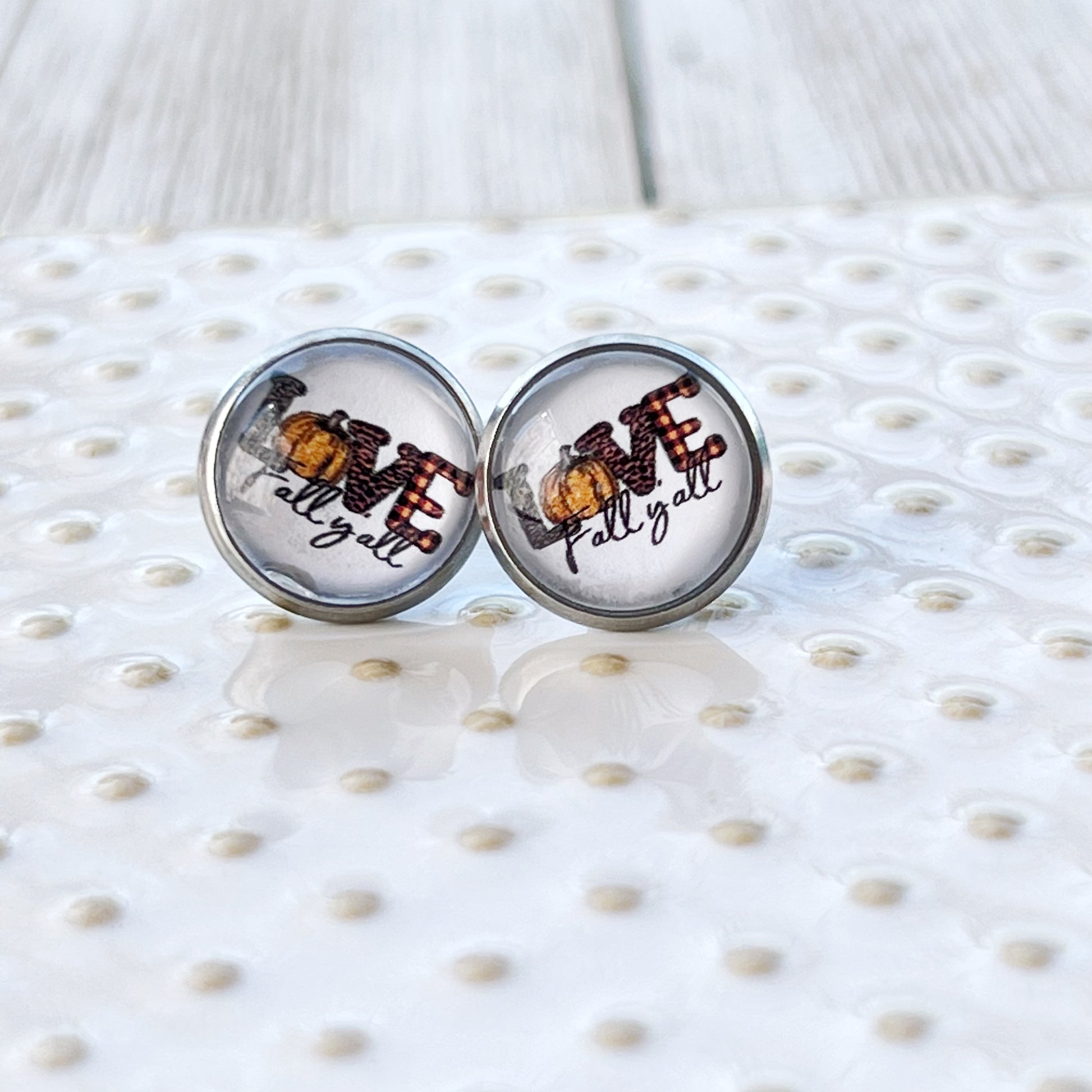 Love Fall Y’all Stud Earrings – Buffalo Plaid Pumpkin Autumn Jewelry in Silver
