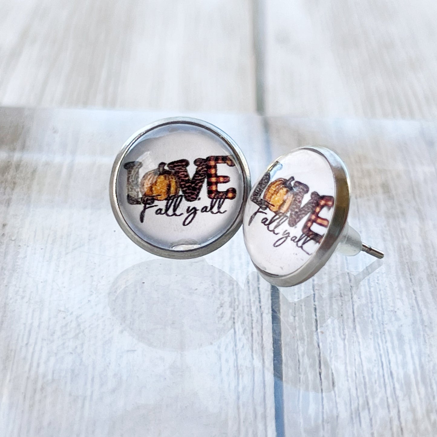 Love Fall Y’all Stud Earrings – Buffalo Plaid Pumpkin Autumn Jewelry in Silver