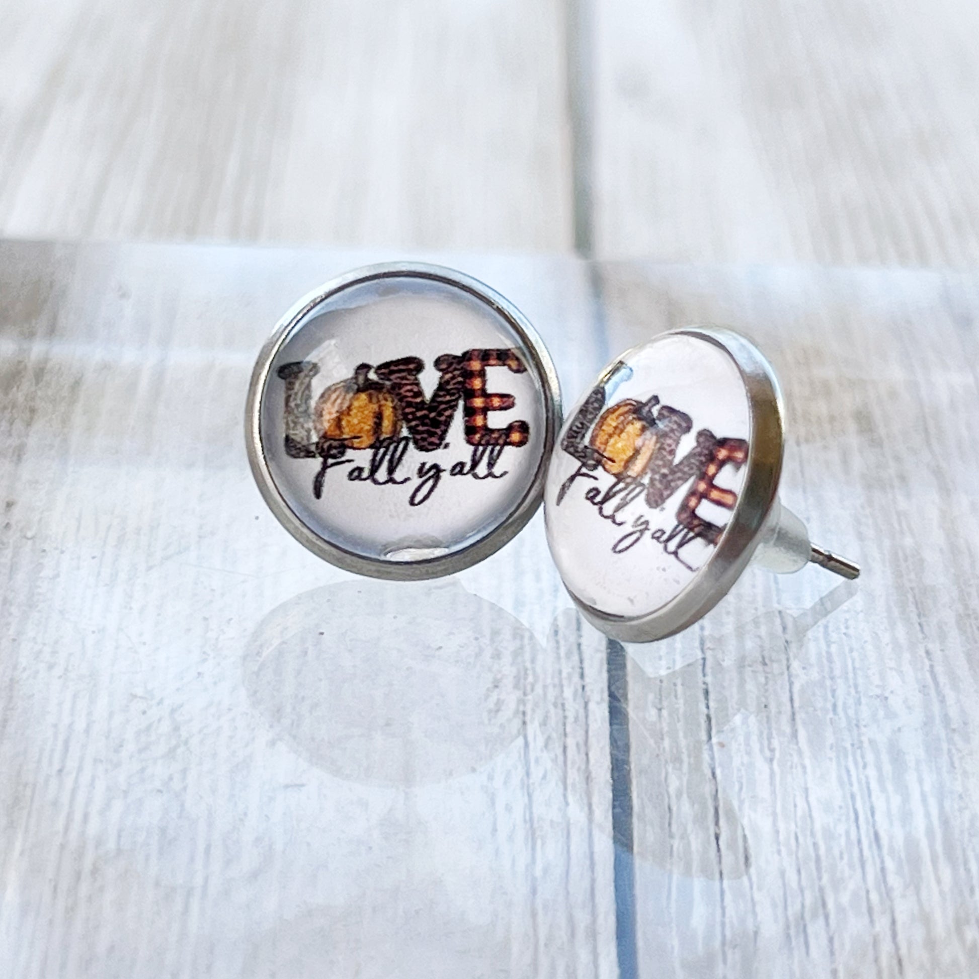 Love Fall Y’all Stud Earrings – Buffalo Plaid Pumpkin Autumn Jewelry in Silver