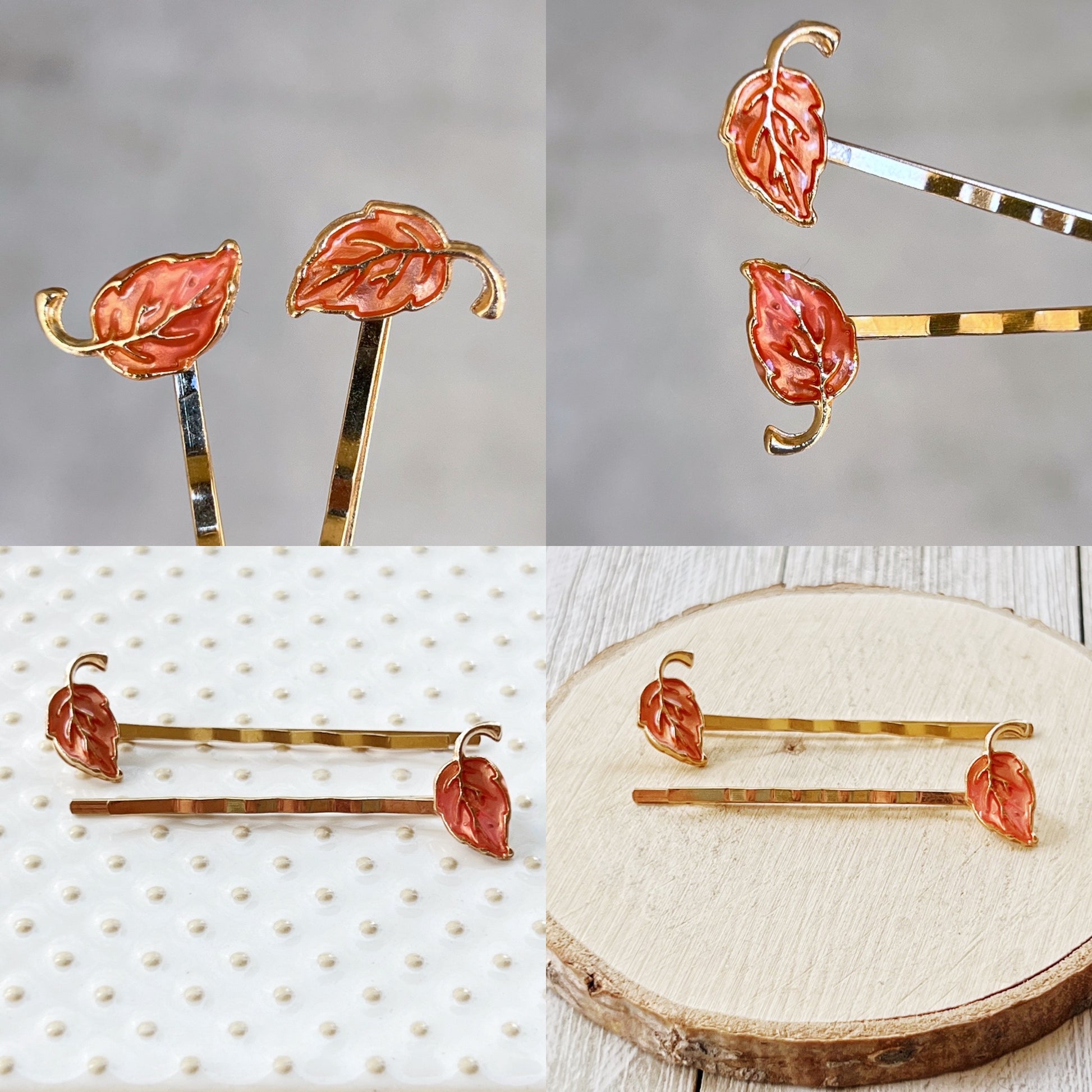 Pink Enamel Leaf Hair Pins – Autumn-Inspired Gold Hair Accessories