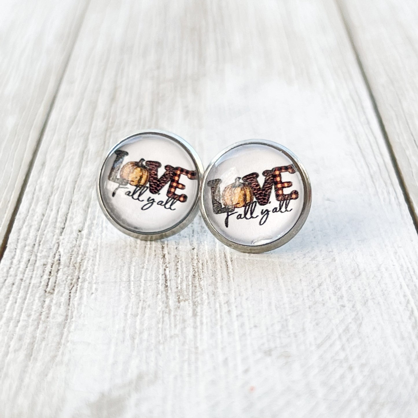 Love Fall Y’all Stud Earrings – Buffalo Plaid Pumpkin Autumn Jewelry in Silver