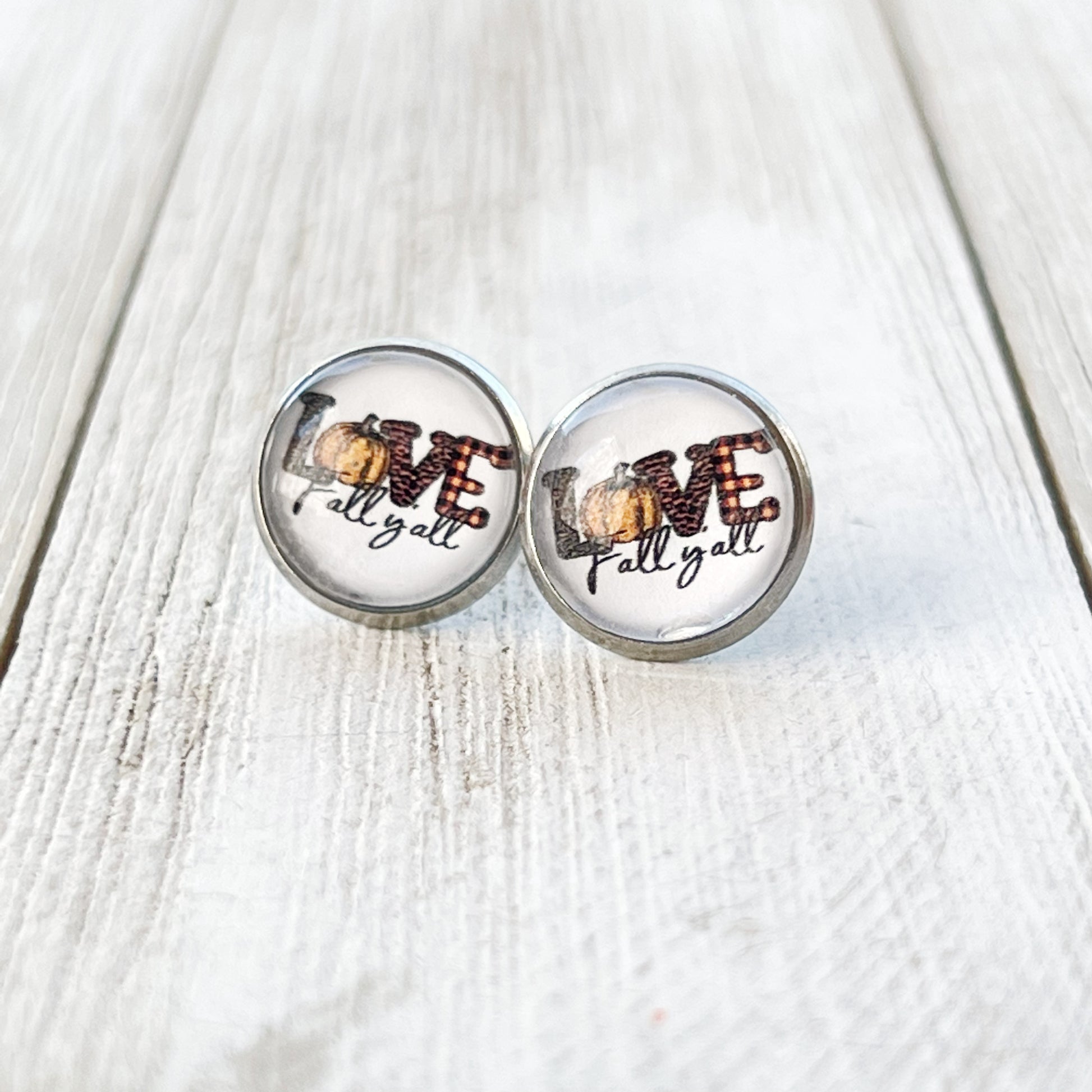 Love Fall Y’all Stud Earrings – Buffalo Plaid Pumpkin Autumn Jewelry in Silver