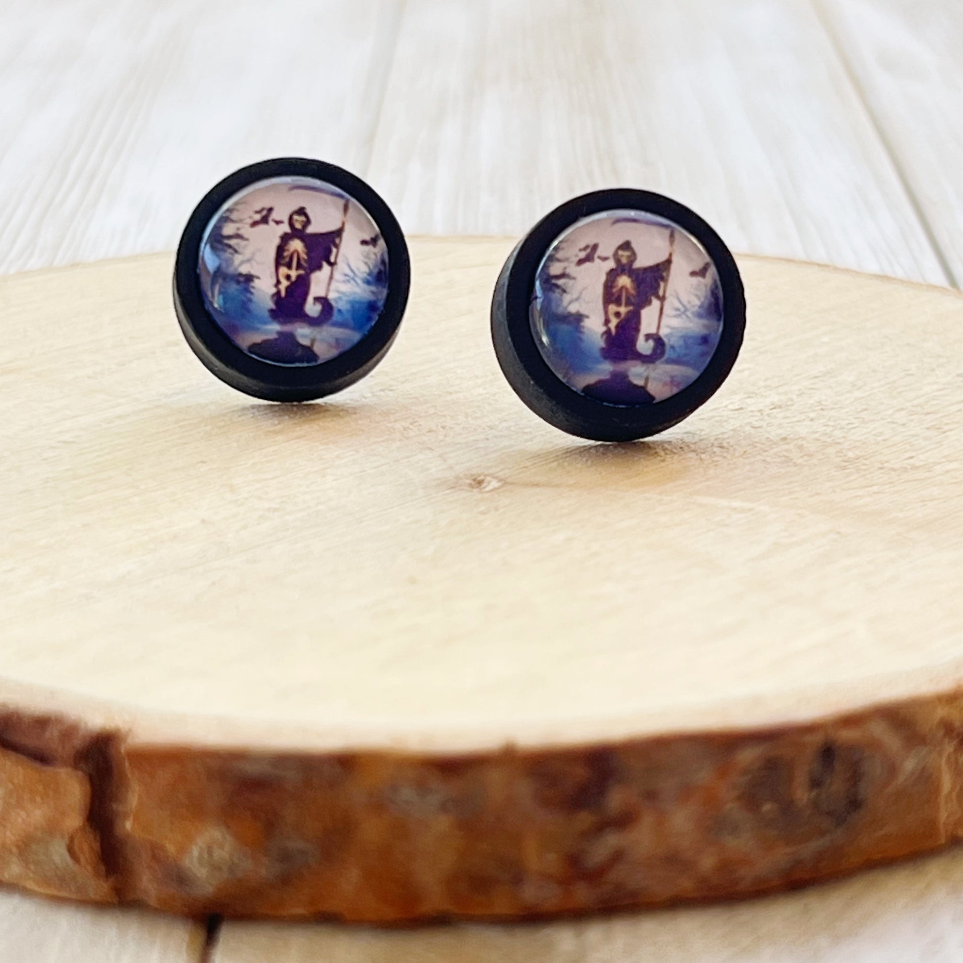 Grim Reaper Black Wood Stud Earrings - Spooky and Stylish Halloween Accessories