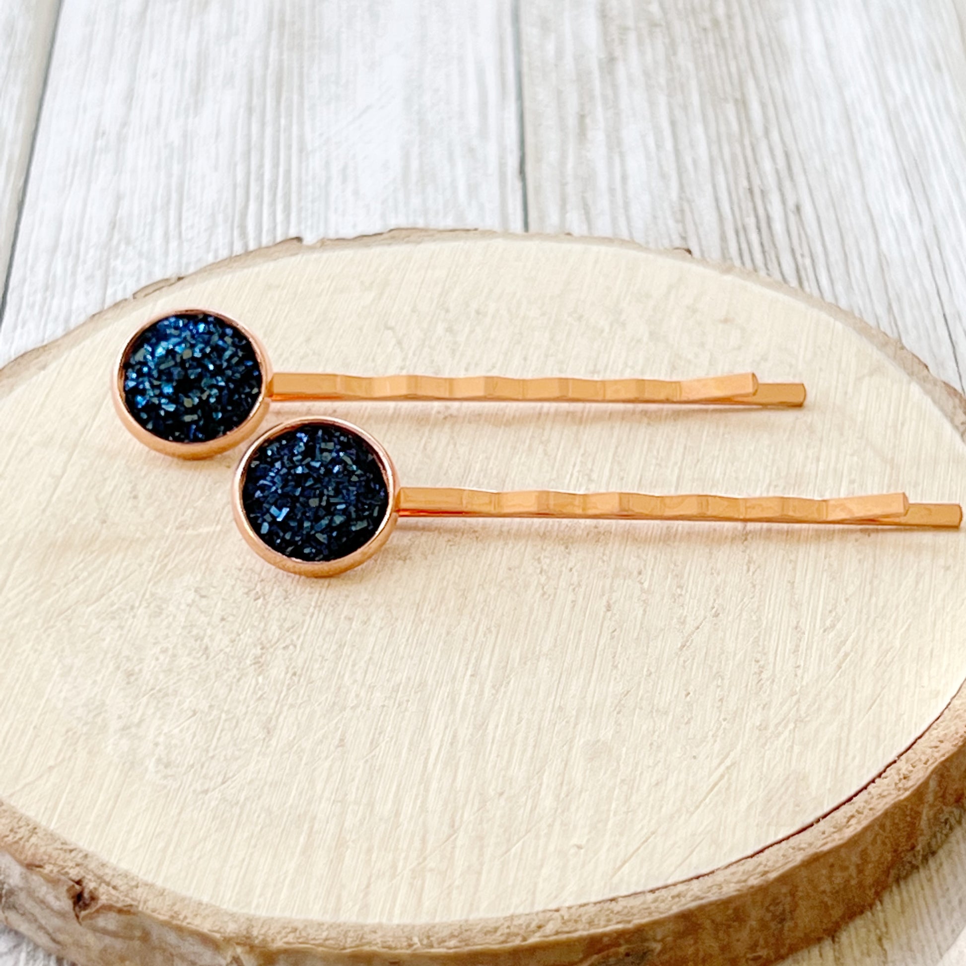 Cobalt Blue Druzy Rose Gold Hair Pins: Elegant & Vibrant Accessories