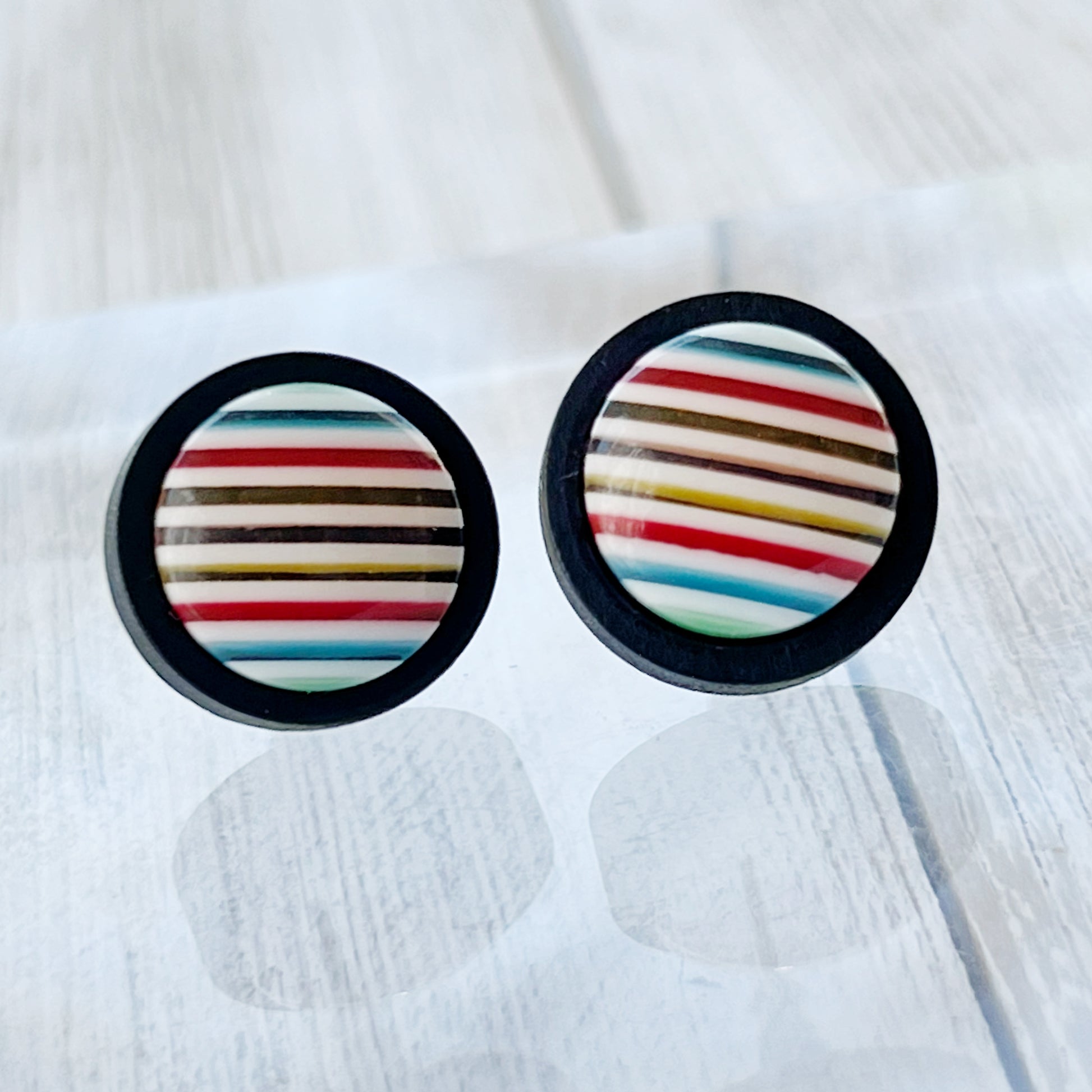 Striped Resin Stud Earrings – Multicolor Round Handmade Boho Jewelry