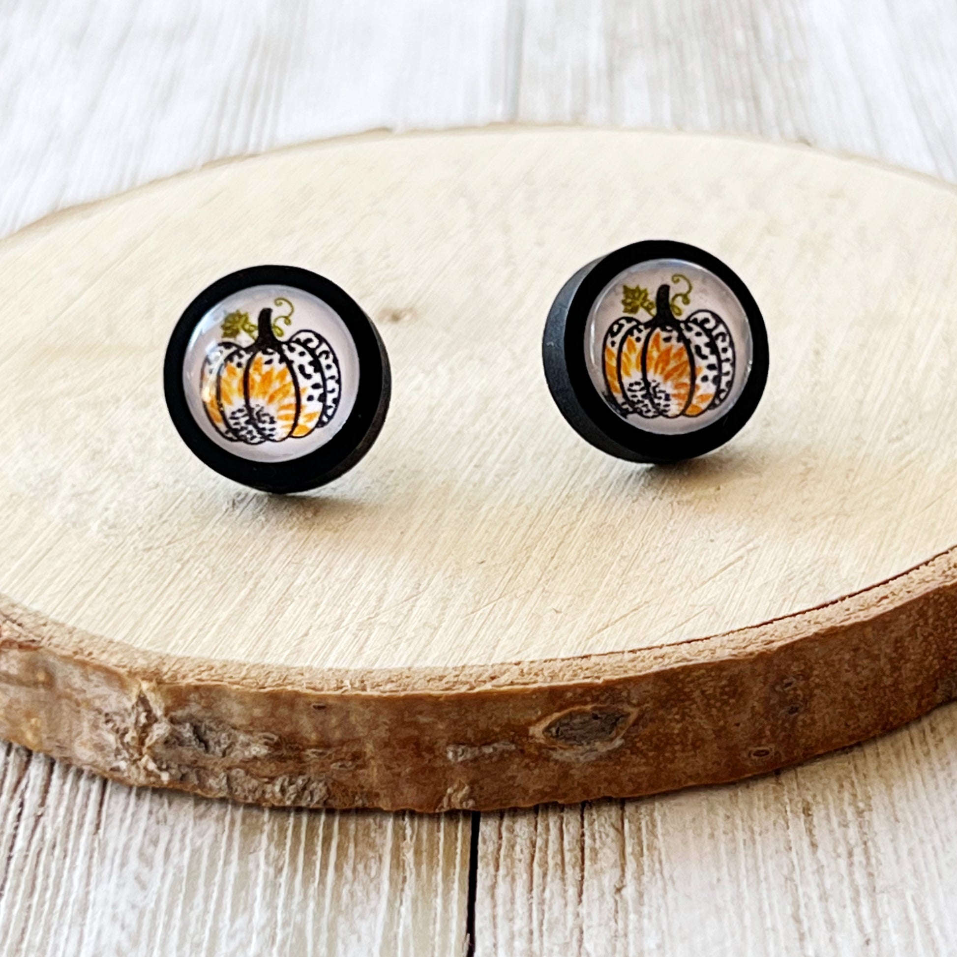 Pumpkin & Sunflower Black Wood Stud Earrings: Unique Autumnal Accents for Your Style