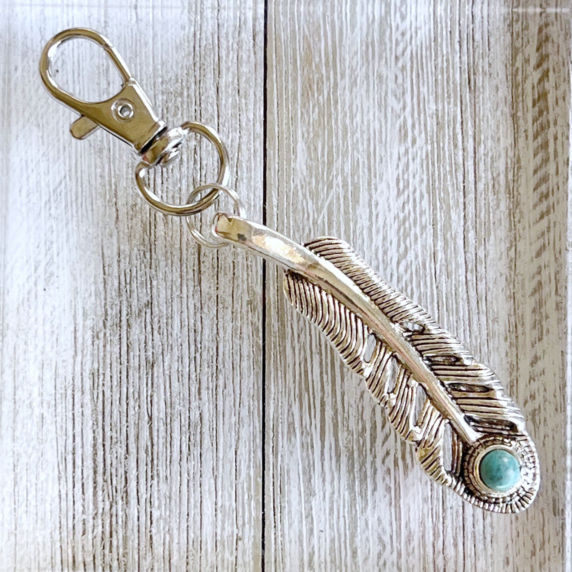 Feather Purse Charm – Silver Boho Keychain with Turquoise Stone Accent
