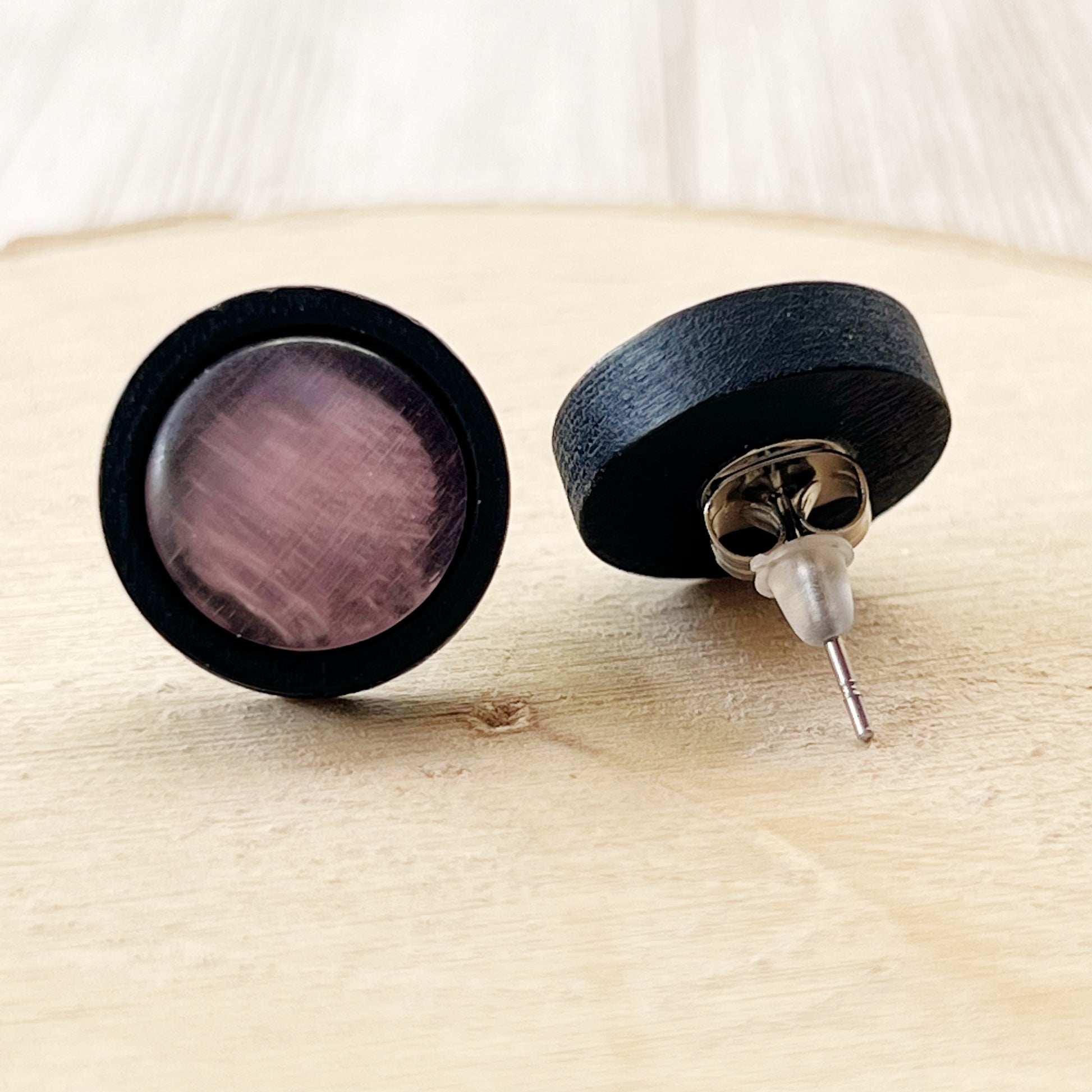 Purple Glass Black Wood Unisex Stud Earrings - Stylish & Versatile Accessories