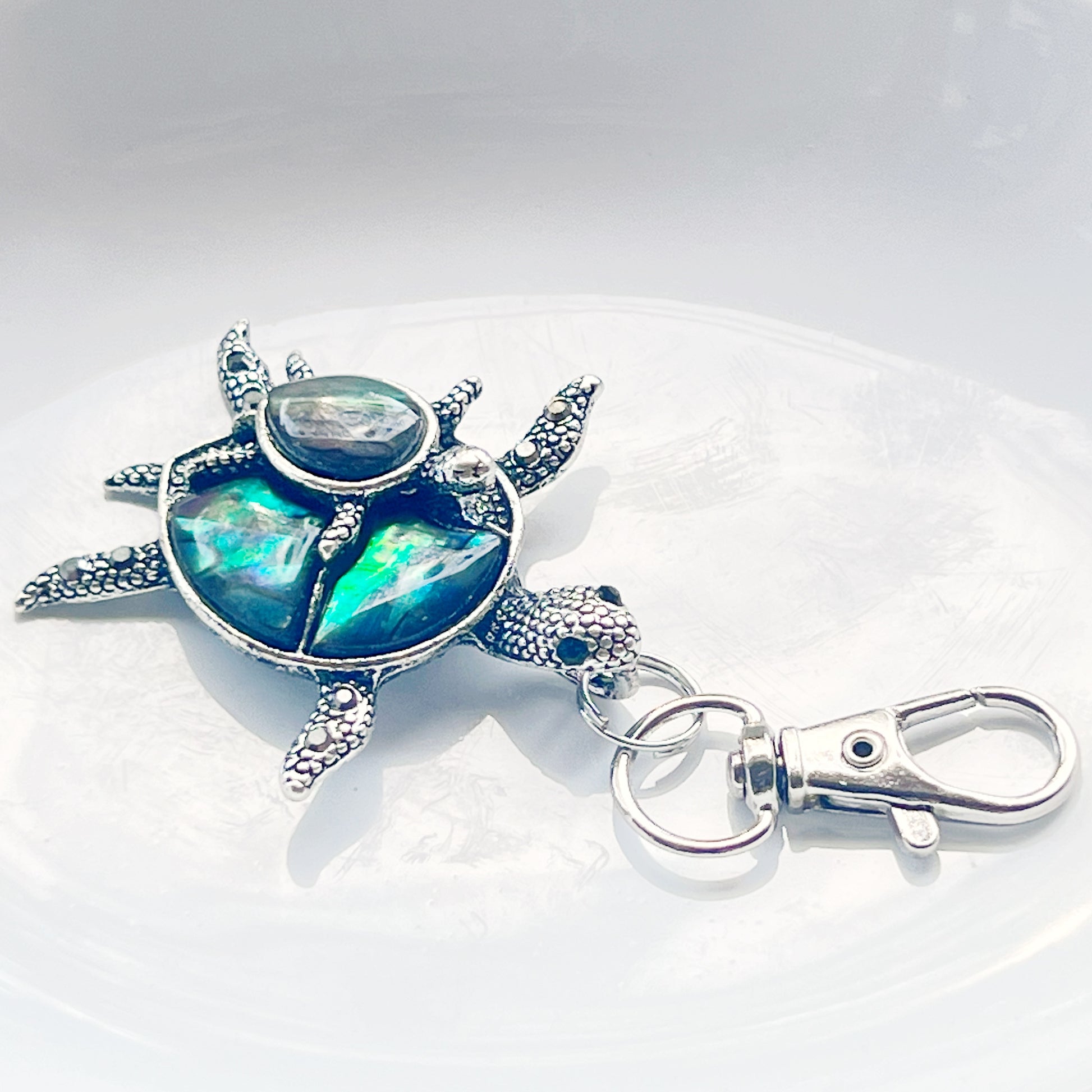 Turtle with Baby Purse Charm with Natural Abalone - Adorable Coastal-Inspired Accessory