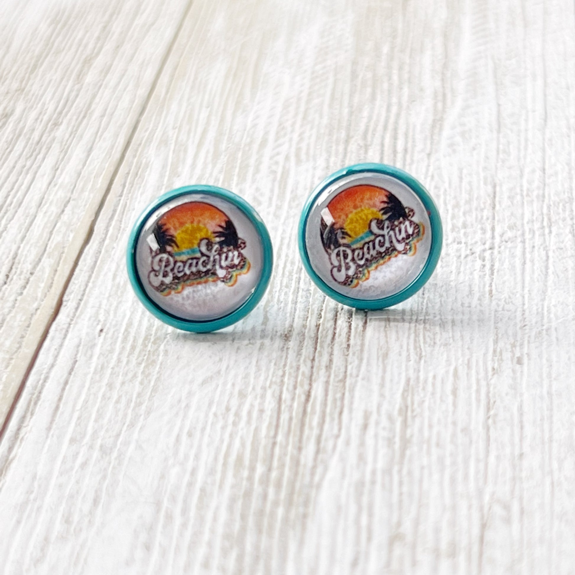 Beachin’ Sunset Stud Earrings – Retro Tropical Summer Jewelry with Teal Trim