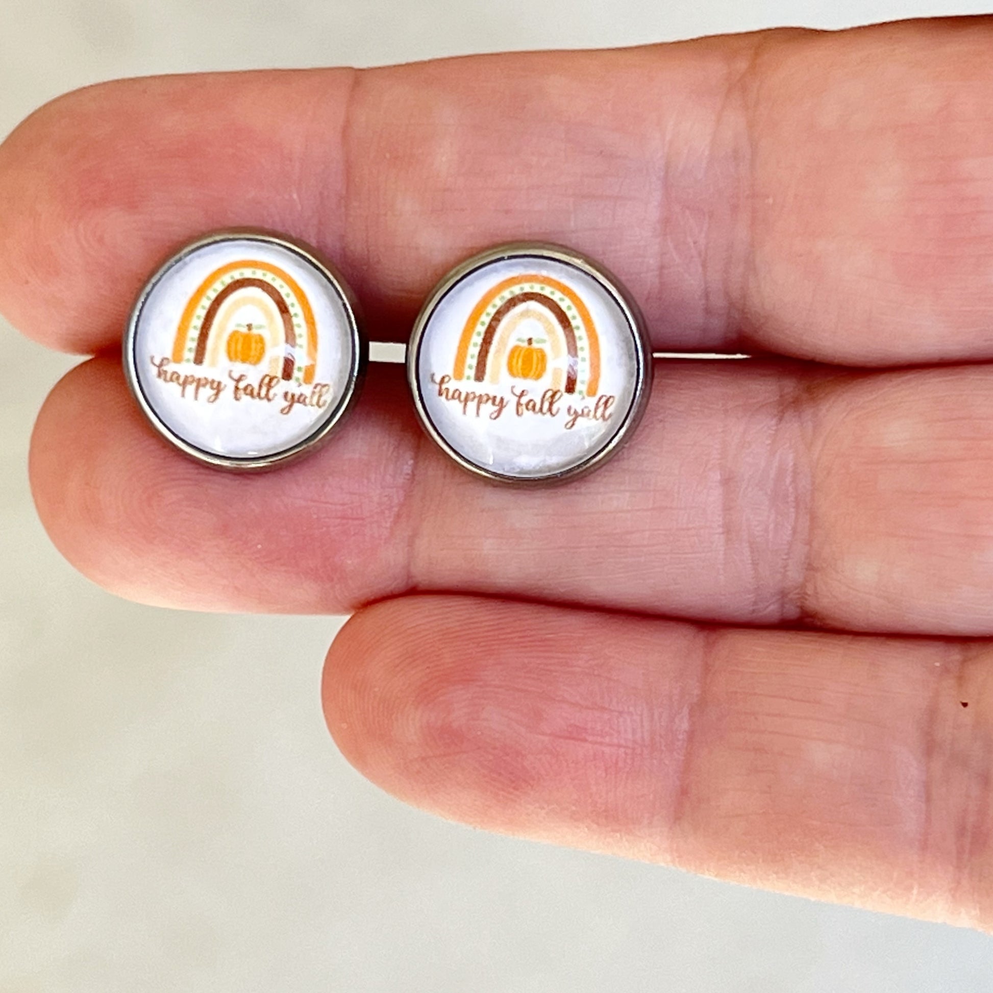 Happy Fall Y’all Stud Earrings – Rainbow Pumpkin Autumn Jewelry in Silver