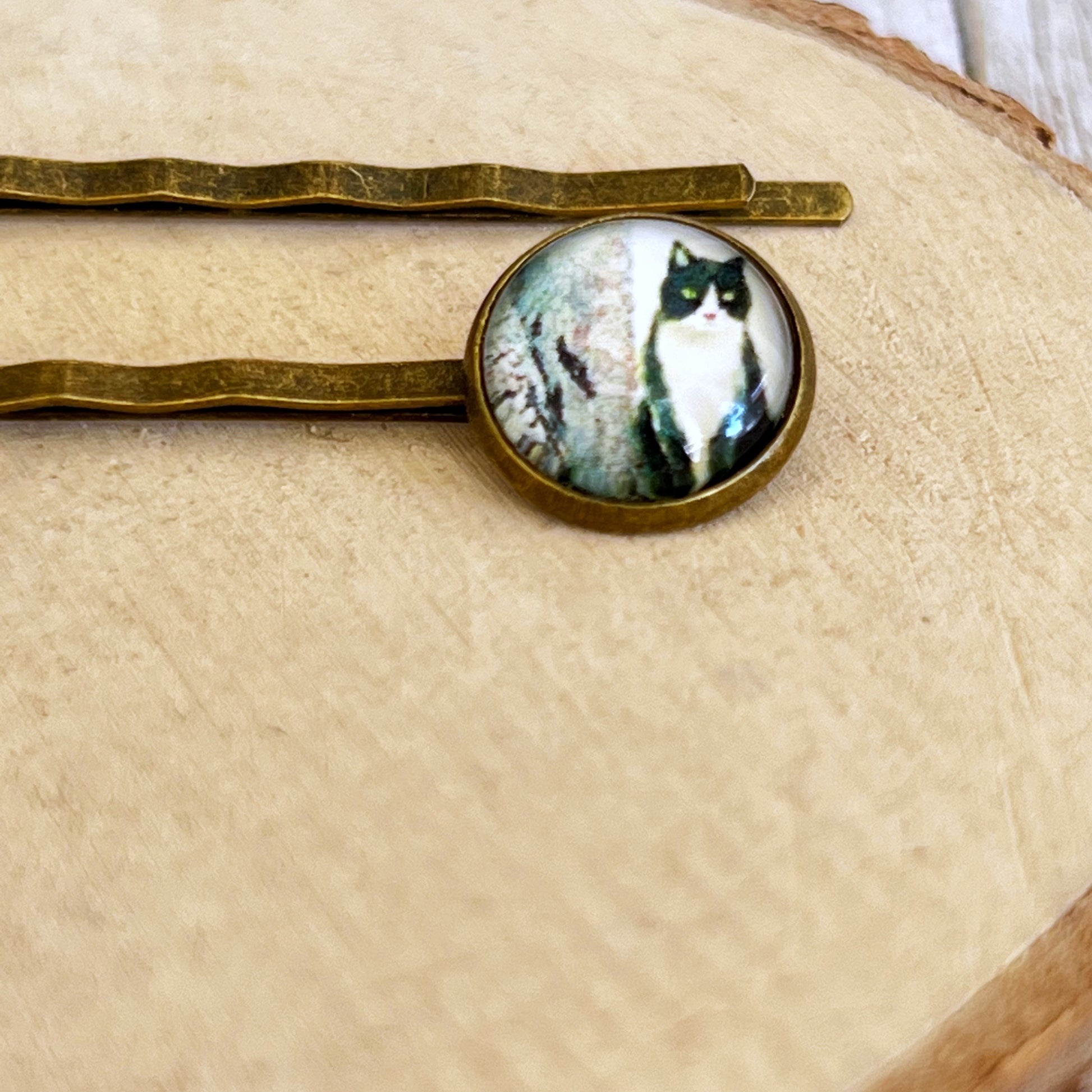 Black & White Cat Brass Hair Pins - Feline-Inspired Accessories