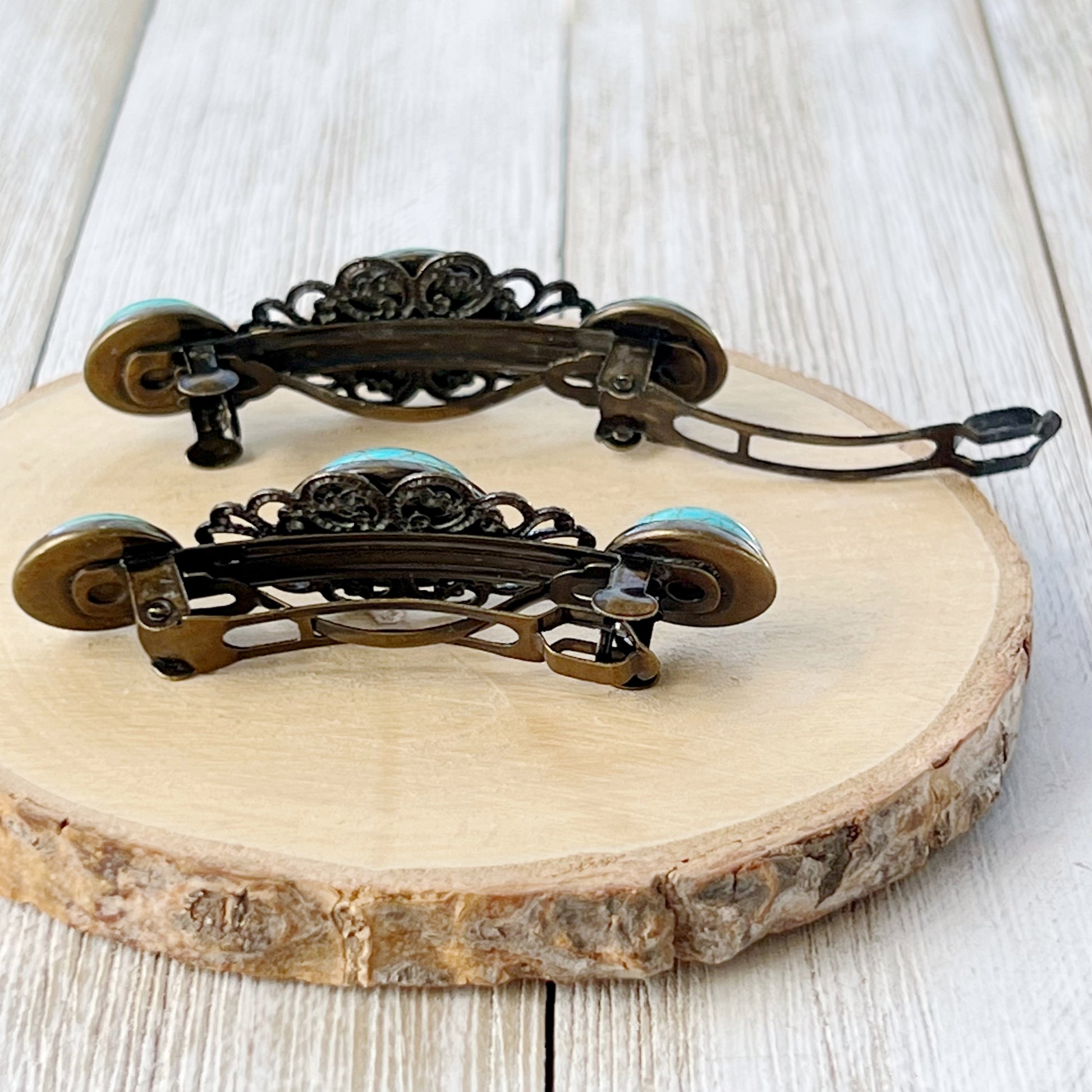 Turquoise Stone Hair Barrettes – Vintage-Inspired Boho Hair Clip Set