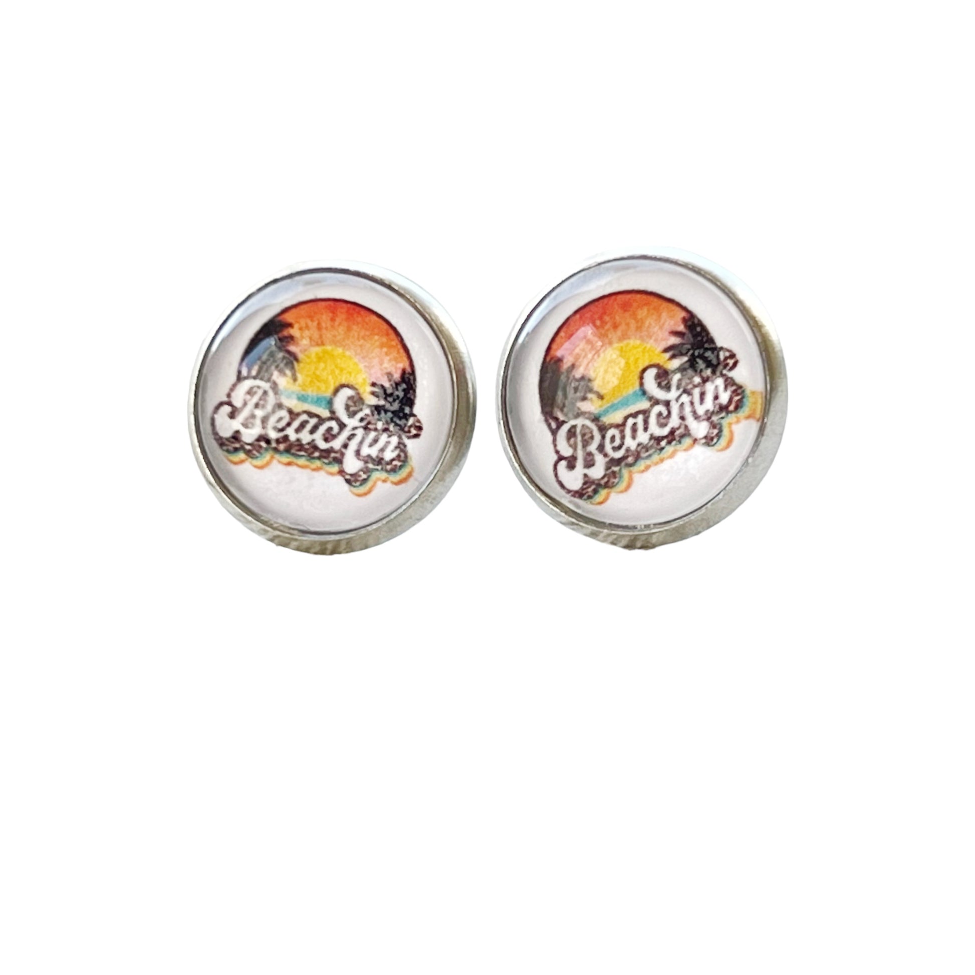 Beachin’ Sunset Stud Earrings – Retro Summer Palm Tree Jewelry in Silver