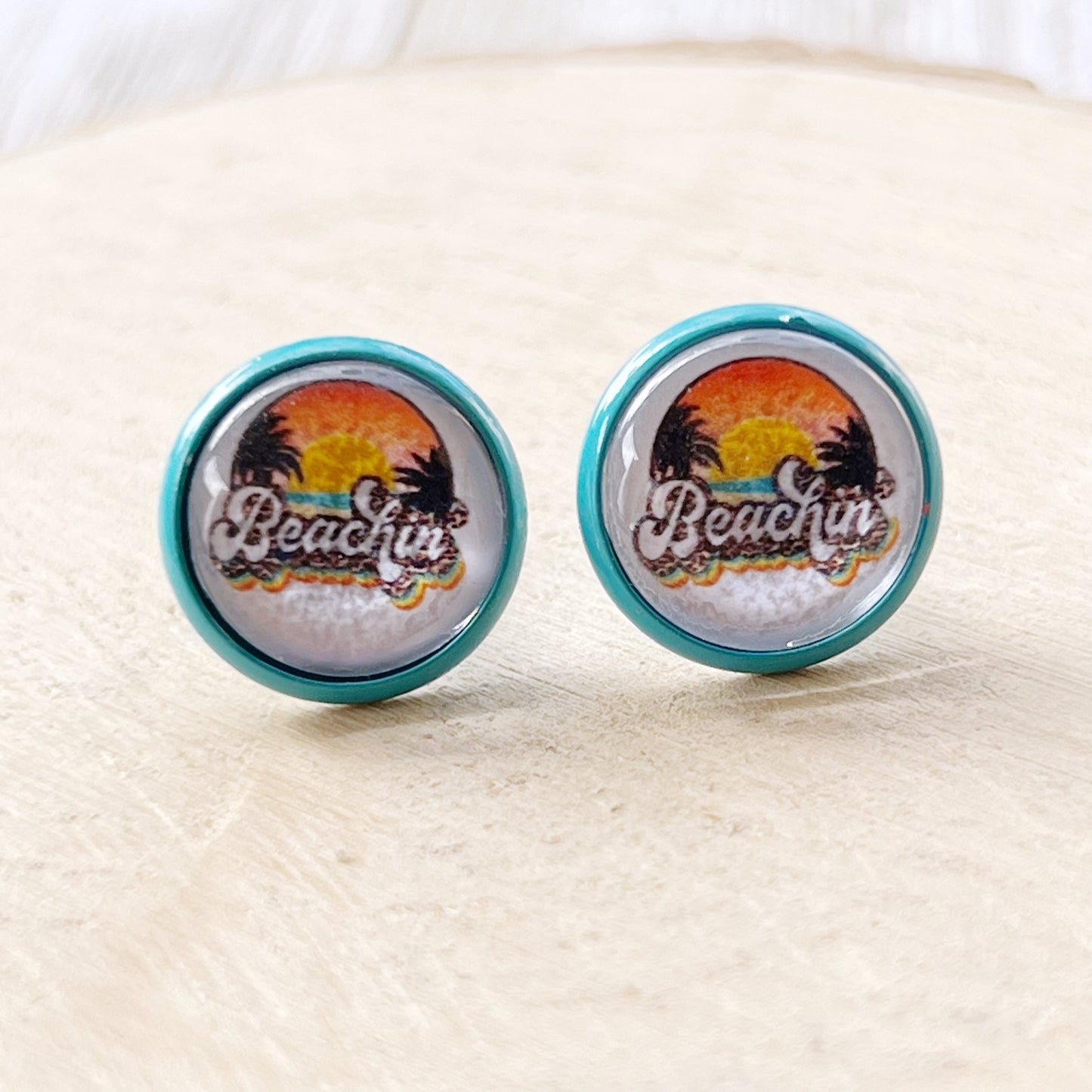 Beachin’ Sunset Stud Earrings – Retro Tropical Summer Jewelry with Teal Trim