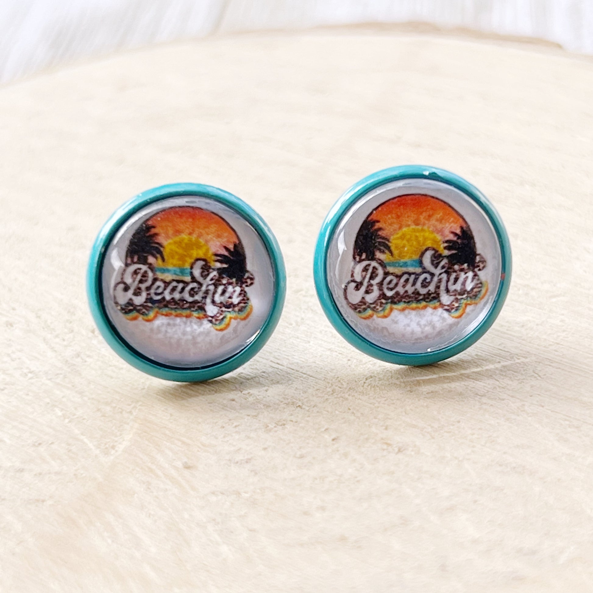 Beachin’ Sunset Stud Earrings – Retro Tropical Summer Jewelry with Teal Trim