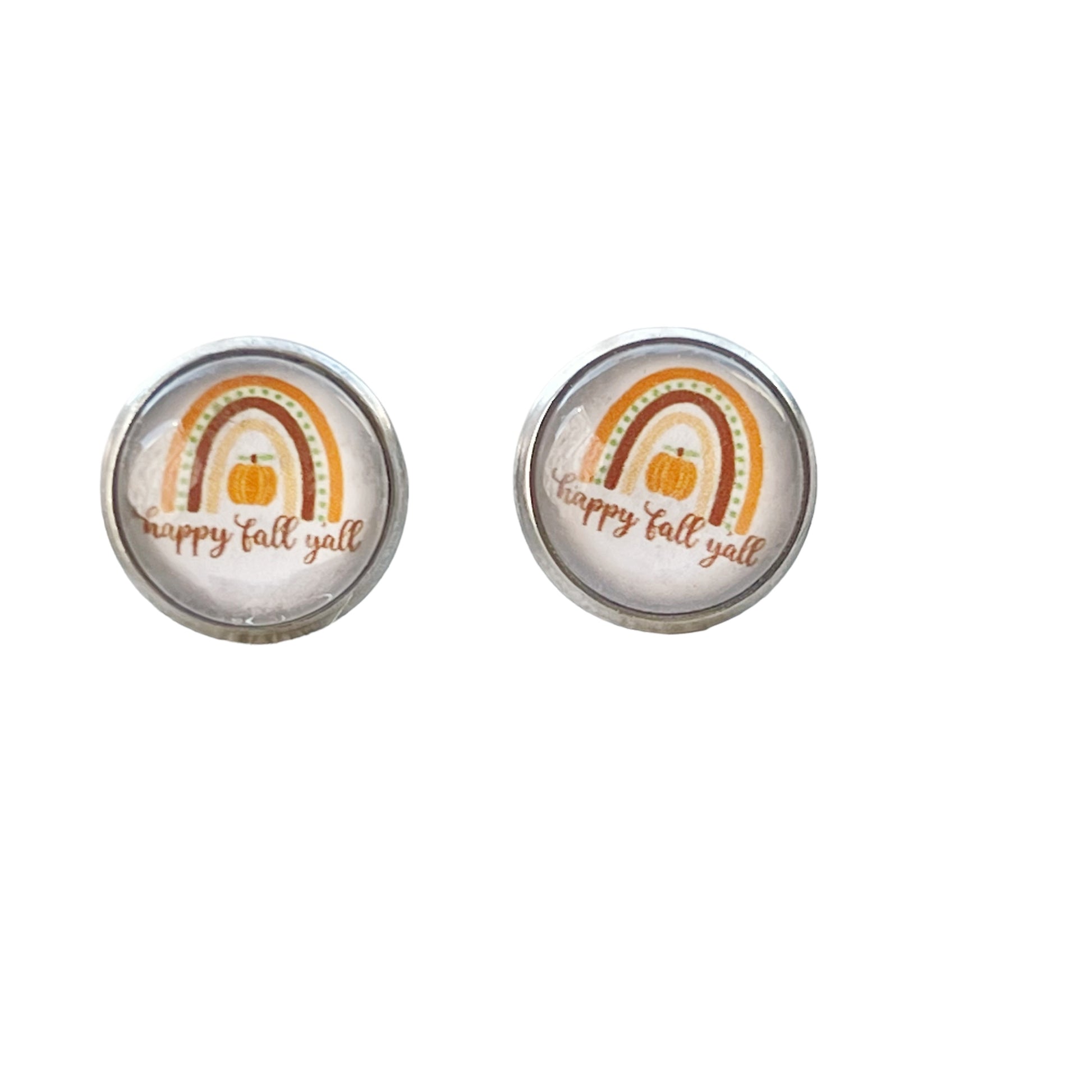 Happy Fall Y’all Stud Earrings – Rainbow Pumpkin Autumn Jewelry in Silver