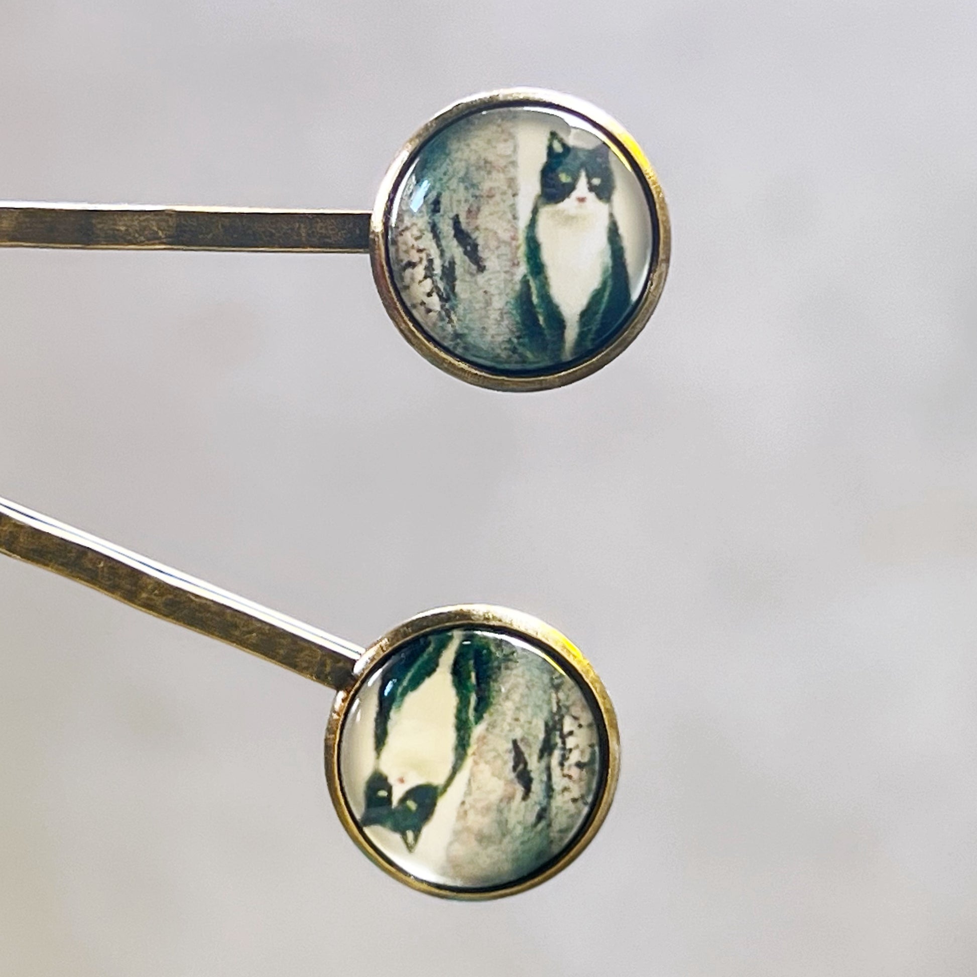 Black & White Cat Brass Hair Pins - Feline-Inspired Accessories