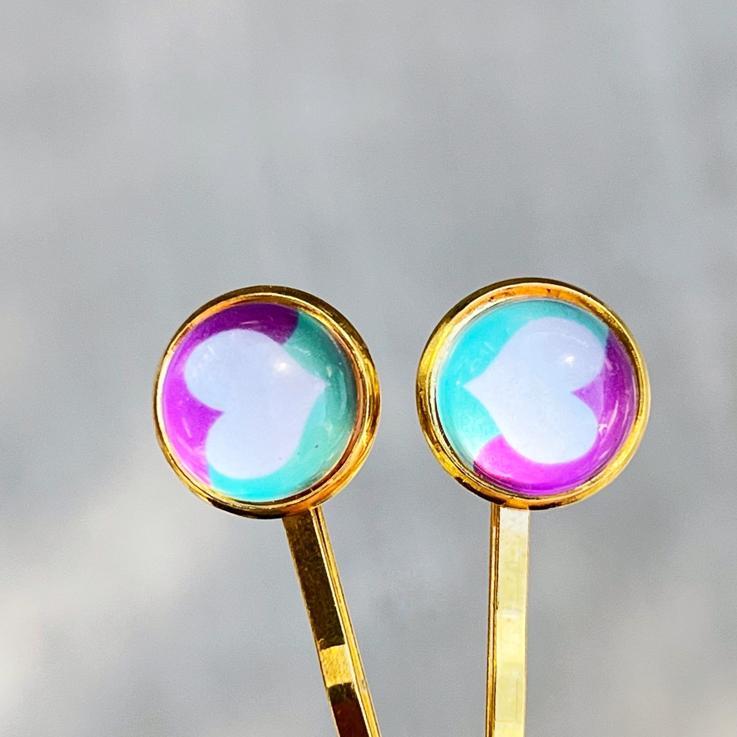 White, Purple and Teal Heart Hair Pins