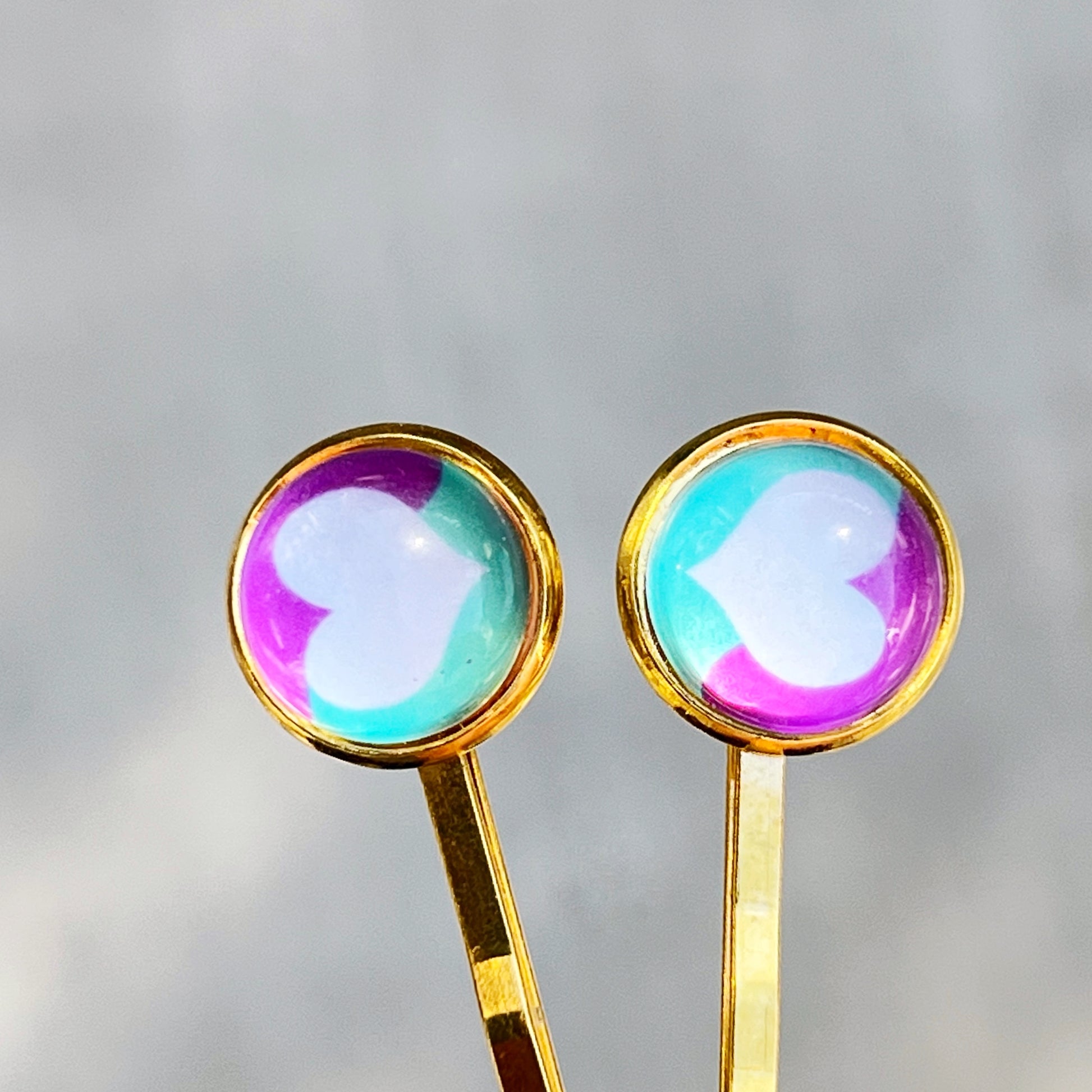 White, Purple and Teal Heart Hair Pins