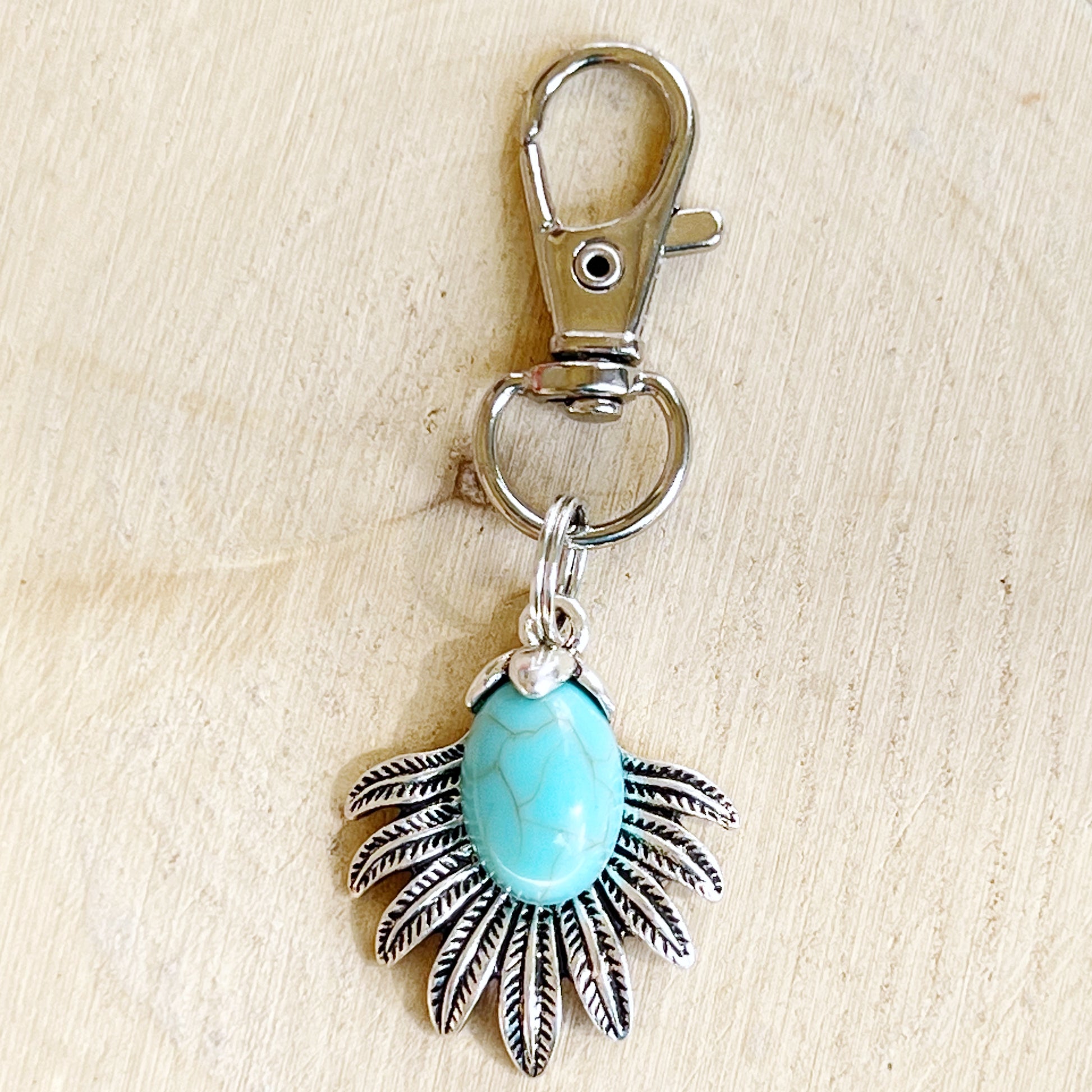 Turquoise Sunburst Purse Charm – Western Boho Keychain with Feather Detail