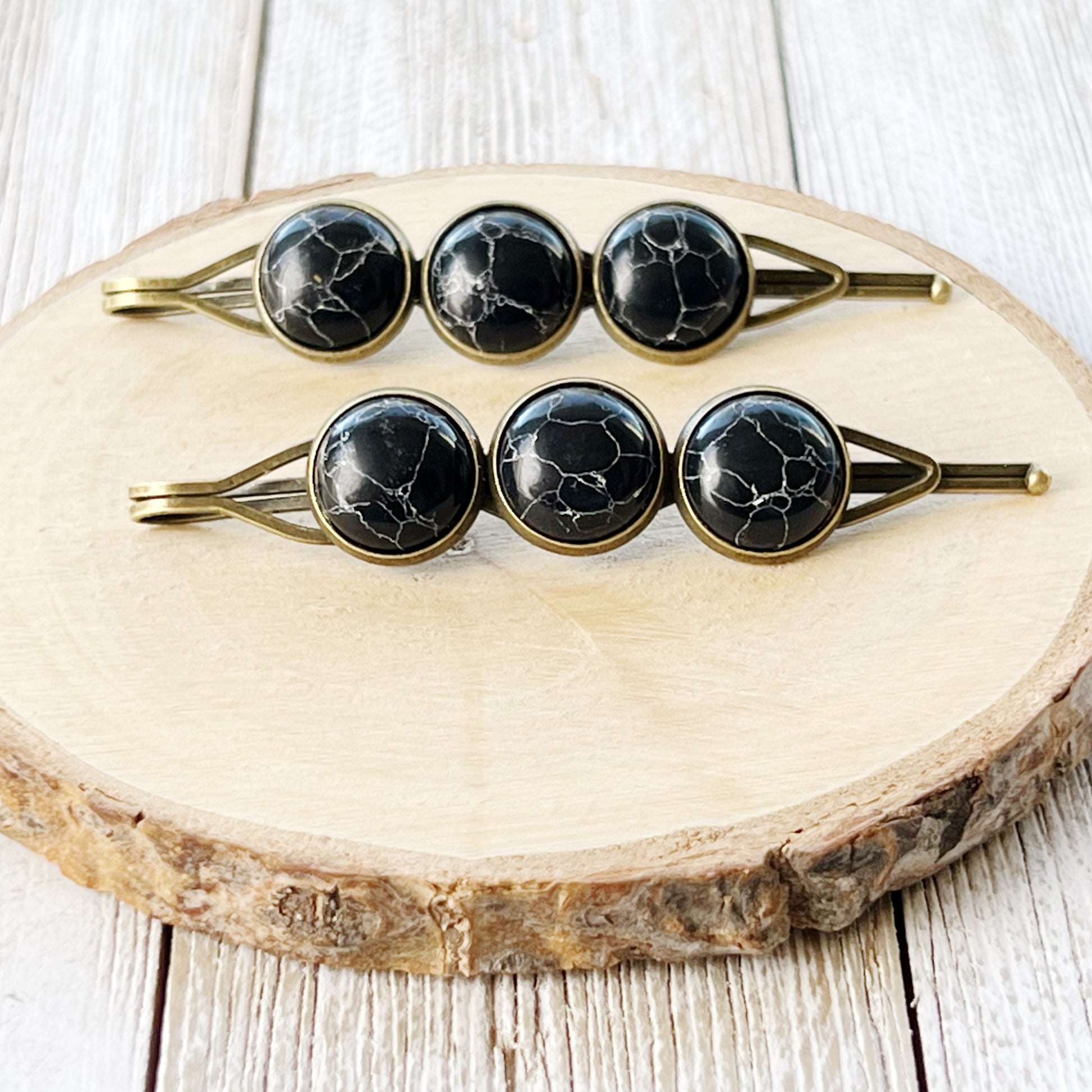 Black Marble Hair Pins – Moody Boho Stone Hair Clips in Bronze Tone