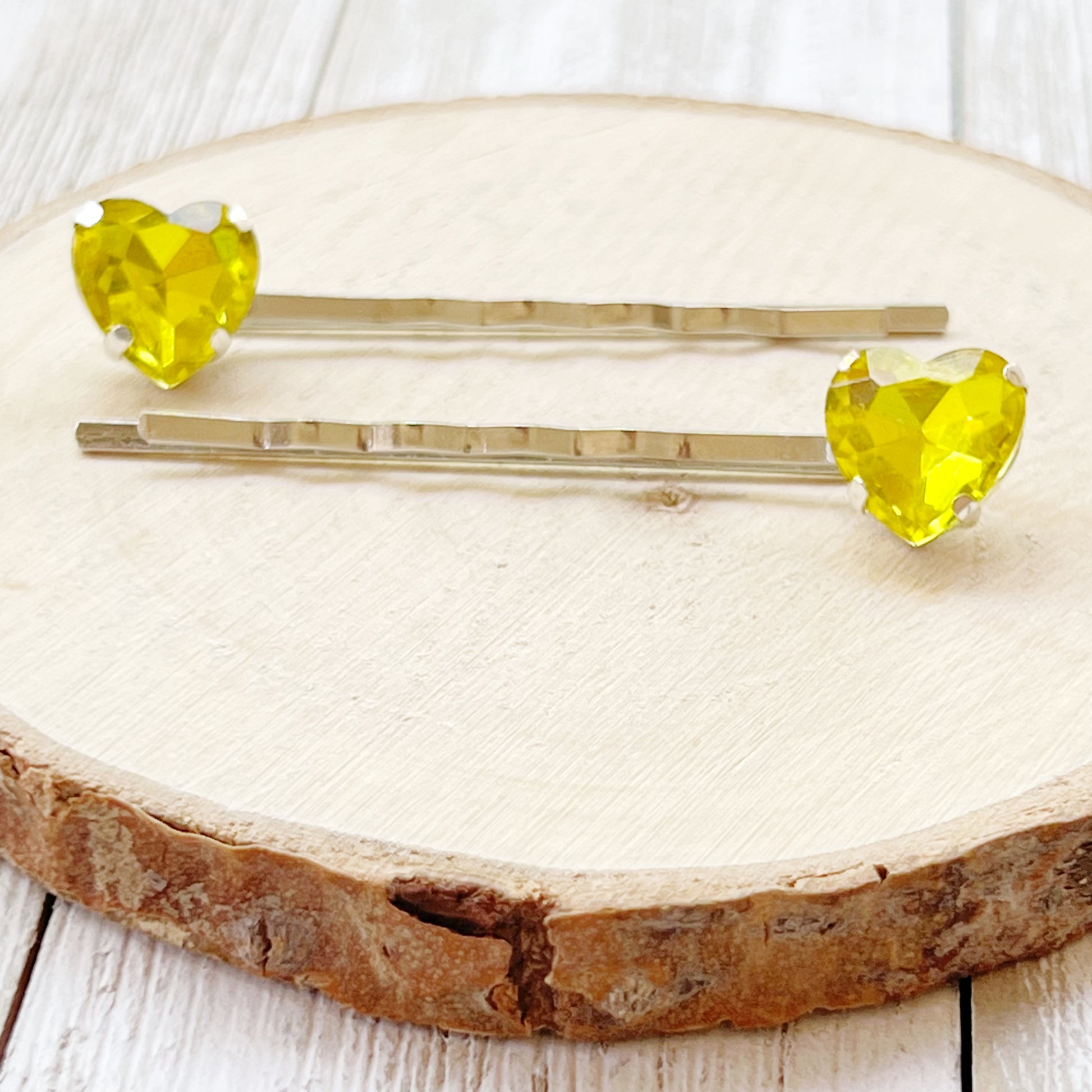 Yellow Rhinestone Heart Silver Hair Pins: Sparkling Romantic Accents