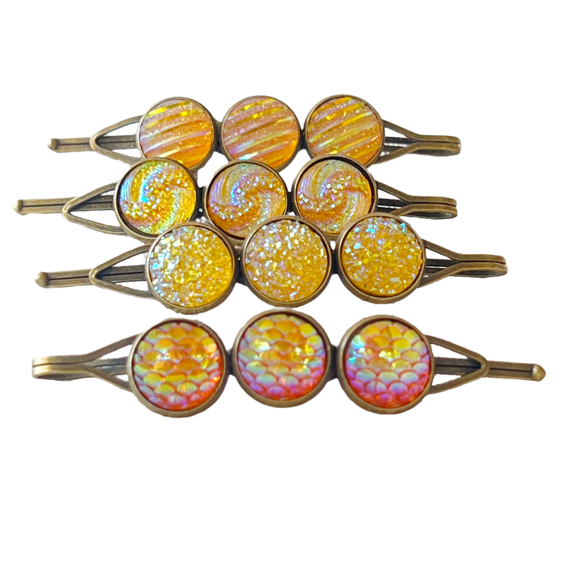 Yellow-Orange Glitter Druzy Hair Pins Set - Set of 4 with Unique Pattern Designs