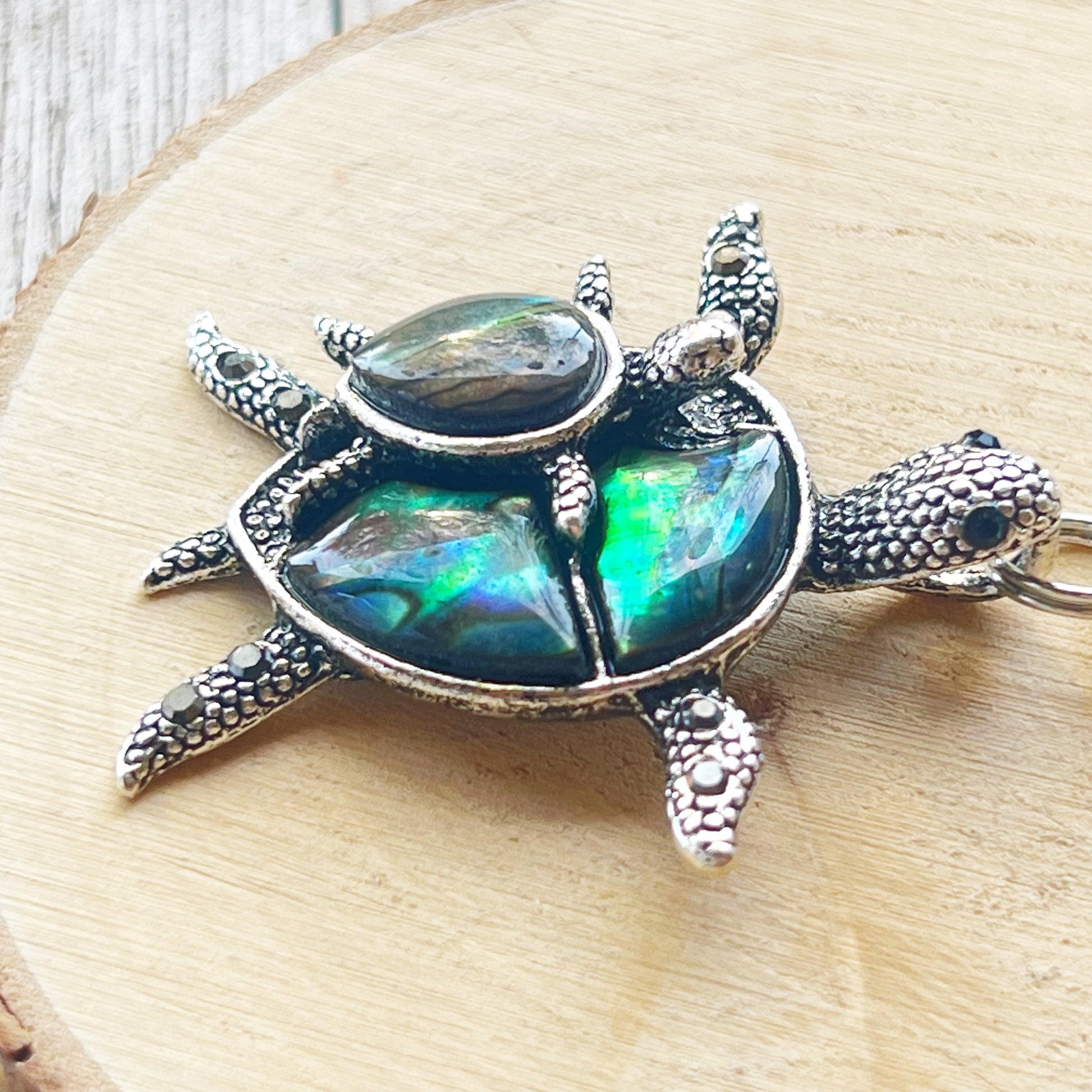 Turtle with Baby Purse Charm with Natural Abalone - Adorable Coastal-Inspired Accessory