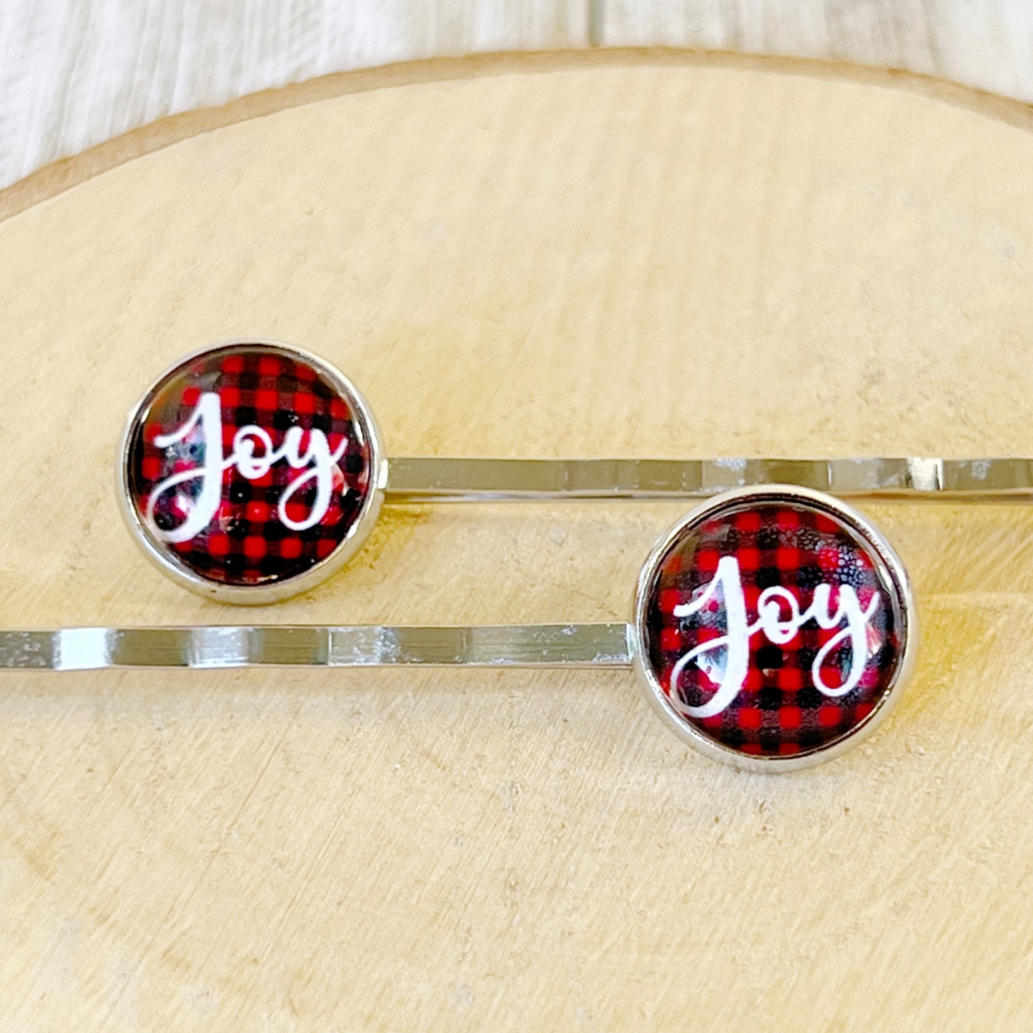 Red Buffalo Plaid Joy Christmas Holiday Bobby Pins